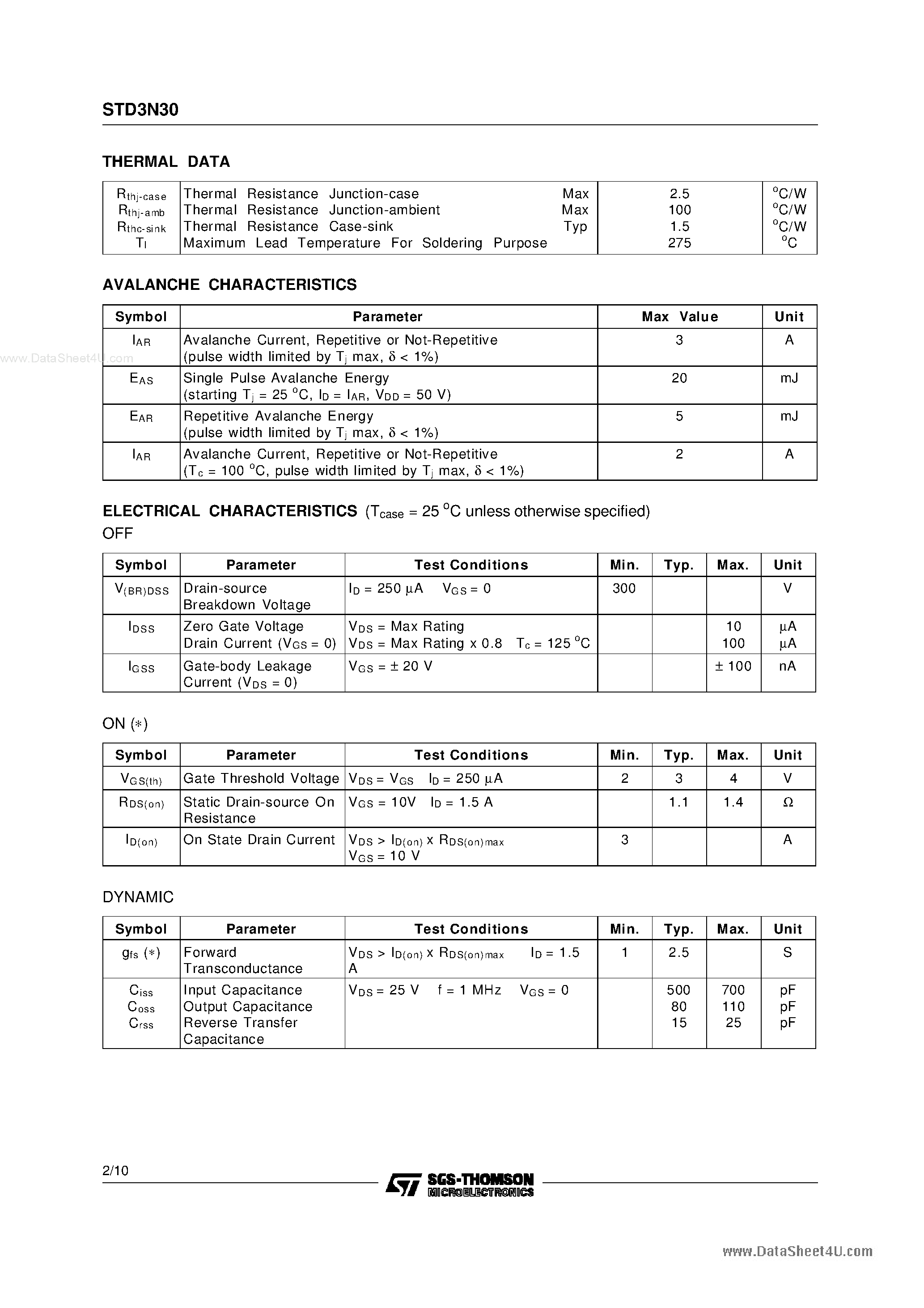 Datasheet STD3N30 page 2 Datasheet STD3N30 - N-CHANNEL ENHANCEMENT MODE POWER MOS TRANSISTOR page 2