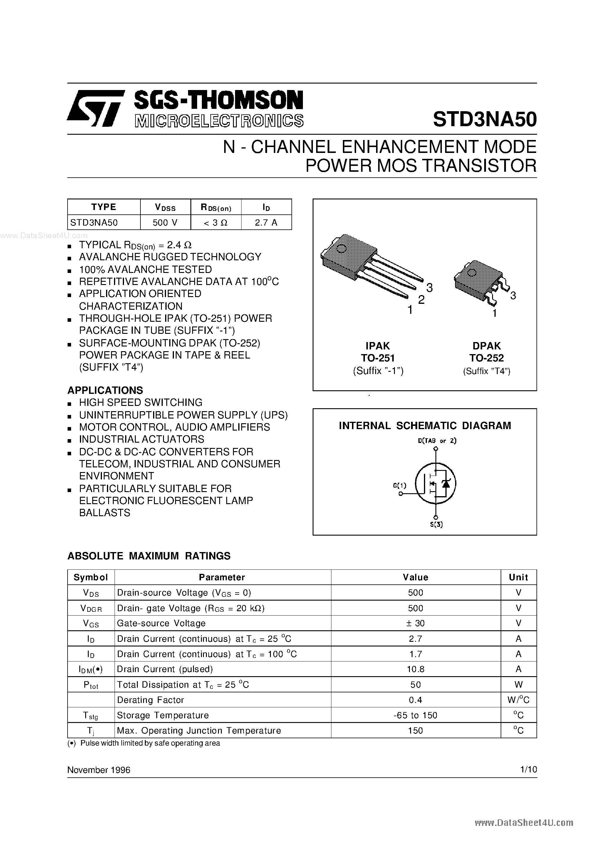 Datasheet STD3NA50 page 1 Datasheet STD3NA50 - N-CHANNEL ENHANCEMENT MODE POWER MOS TRANSISTOR page 1