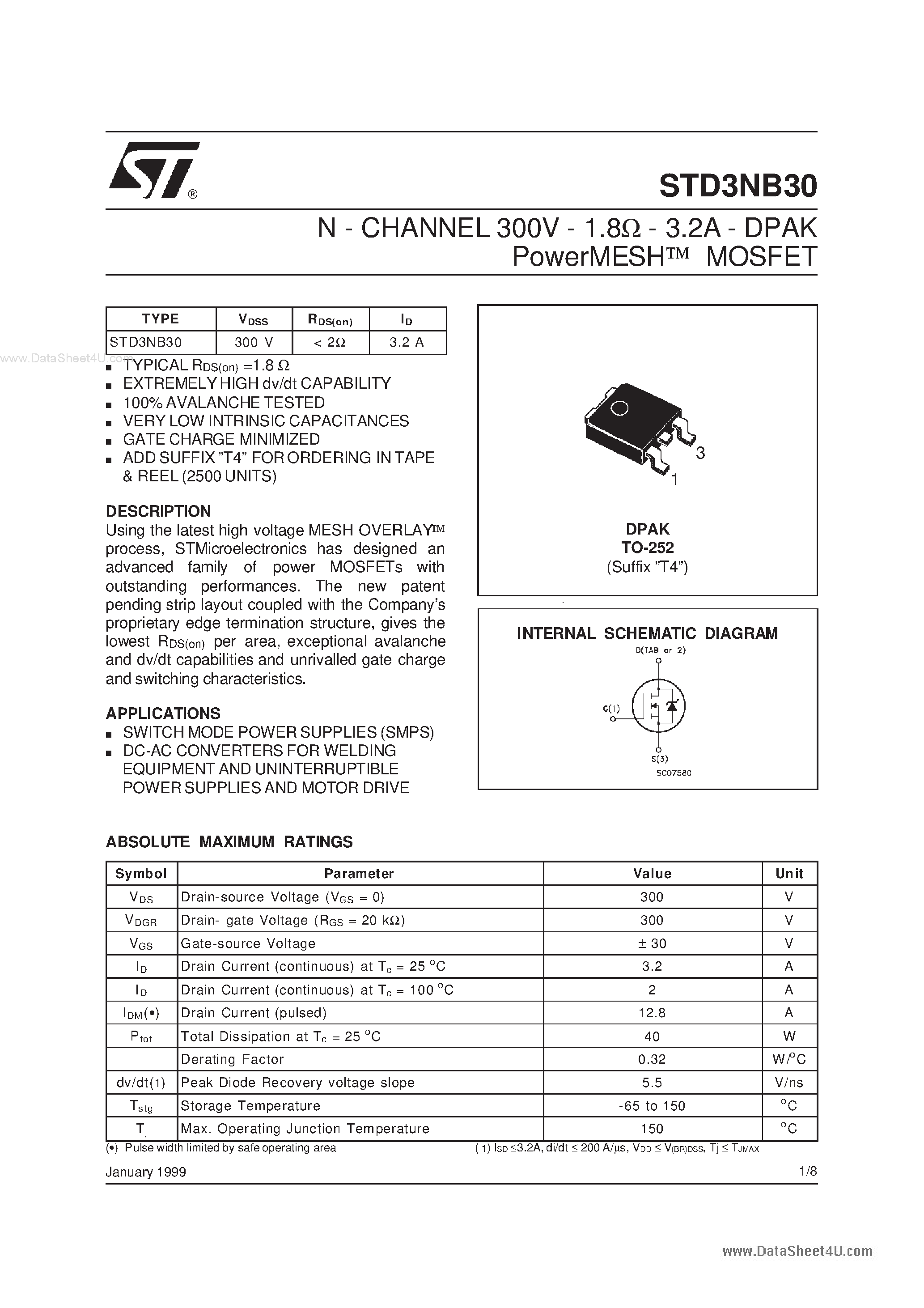 Даташит STD3NB30 - N-CHANNEL MOSFET страница 1