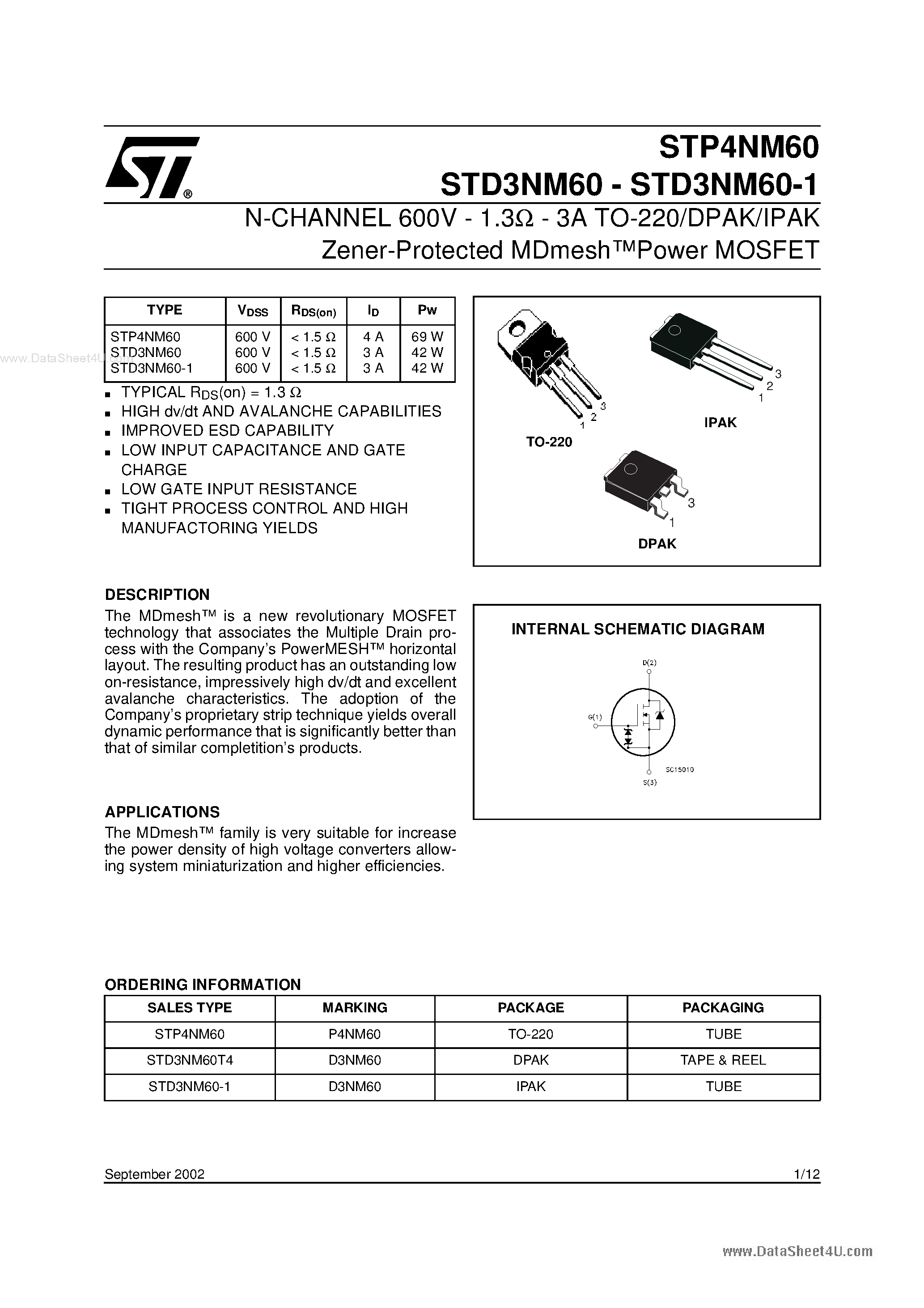 Даташит STD3NM60 - N-CHANNEL MOSFET страница 1