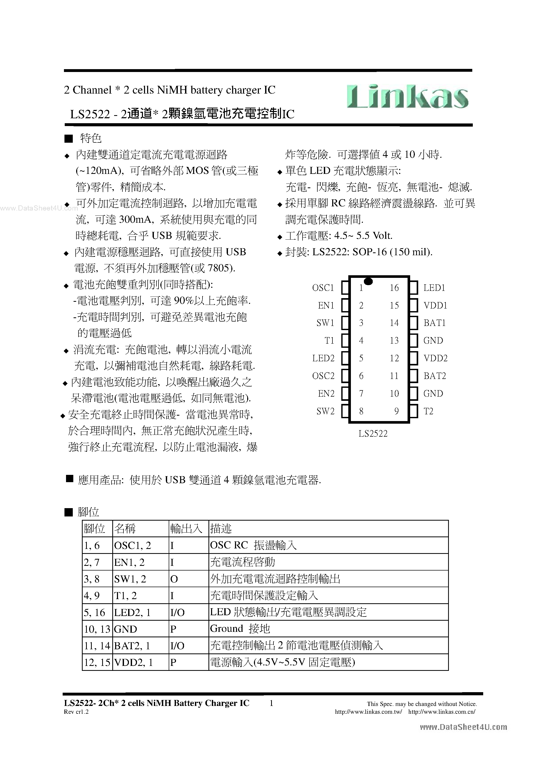 Datasheet LS2522 - 2-Channel NiMH Battery Charger IC page 1