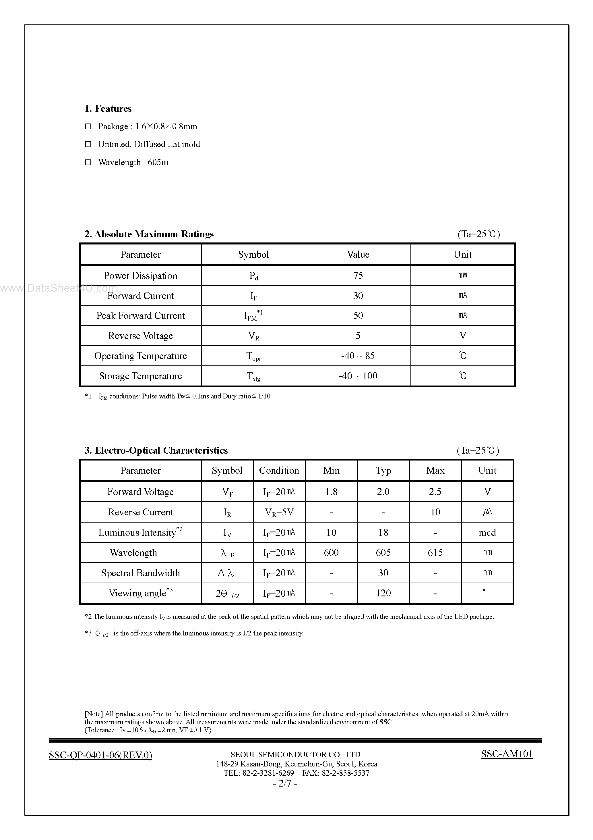 Datasheet SSC-AM101 page 2 Datasheet SSC-AM101 - CHIP LED DEVICE page 2