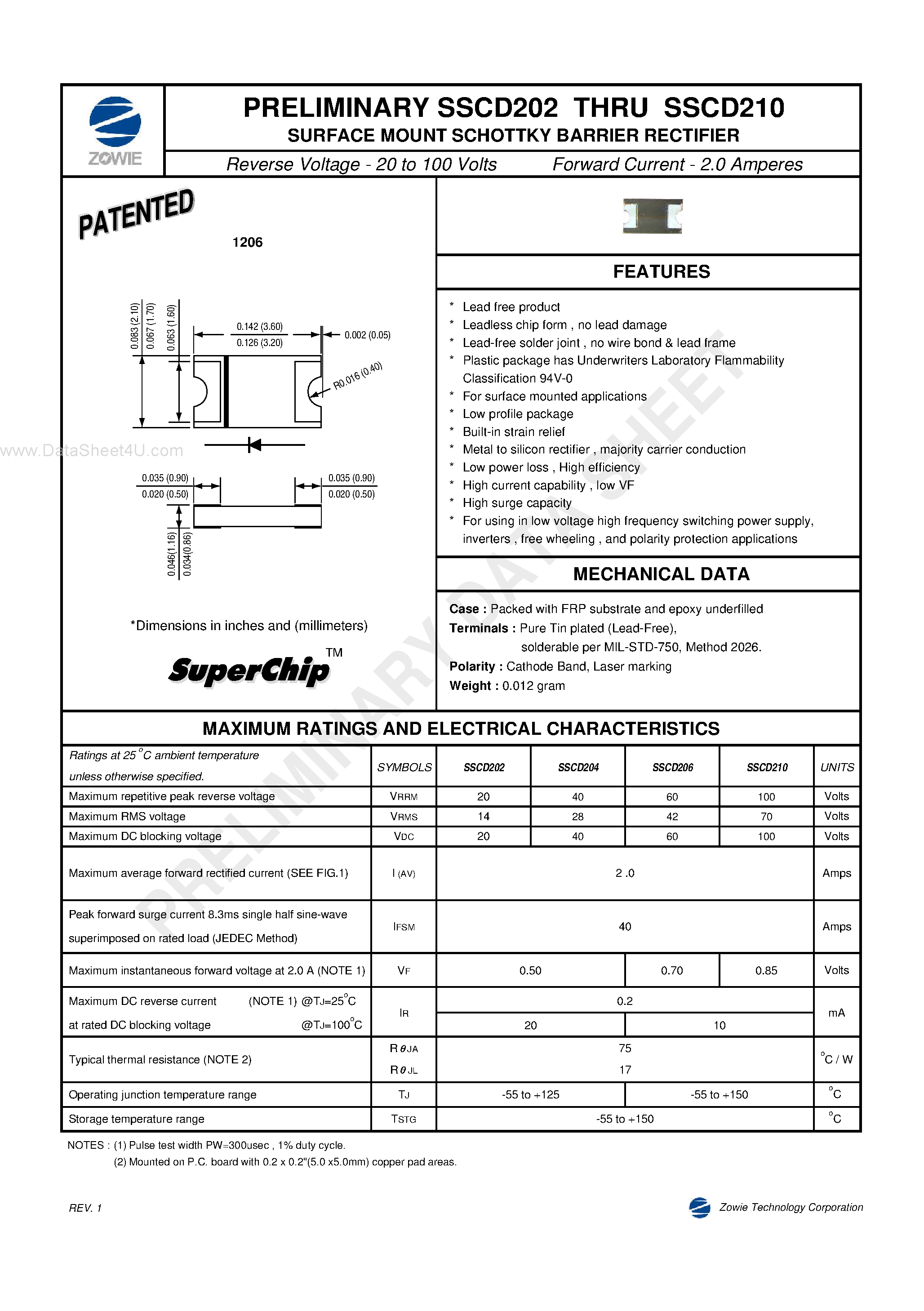 Datasheet SSCD202 page 1 Datasheet SSCD202 - (SSCD202 - SSCD210) SURFACE MOUNT SCHOTTKY BARRIER RECTIFIER page 1
