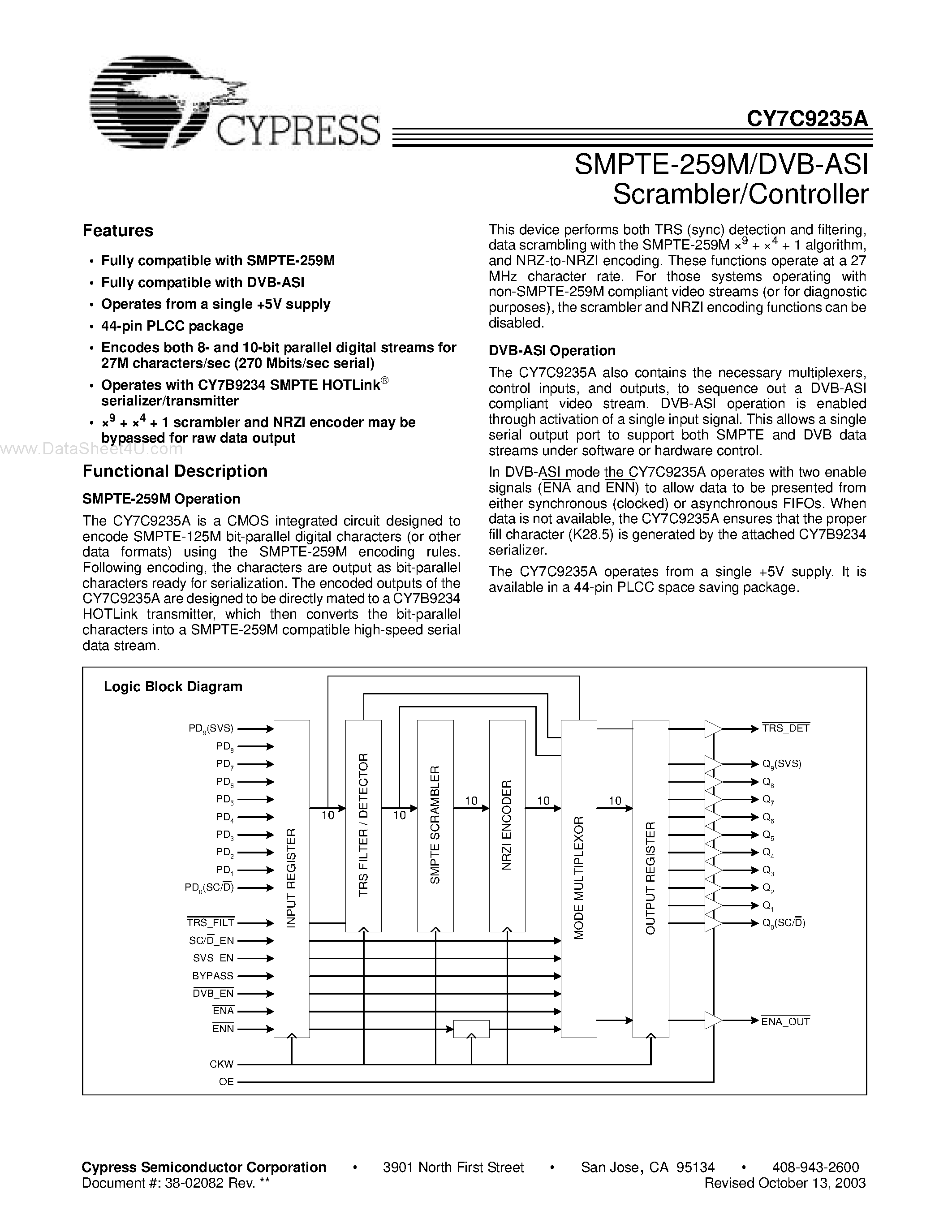 Datasheet CY7C9235A - SMPTE-259M/DVB-ASI Scrambler/Controller page 1