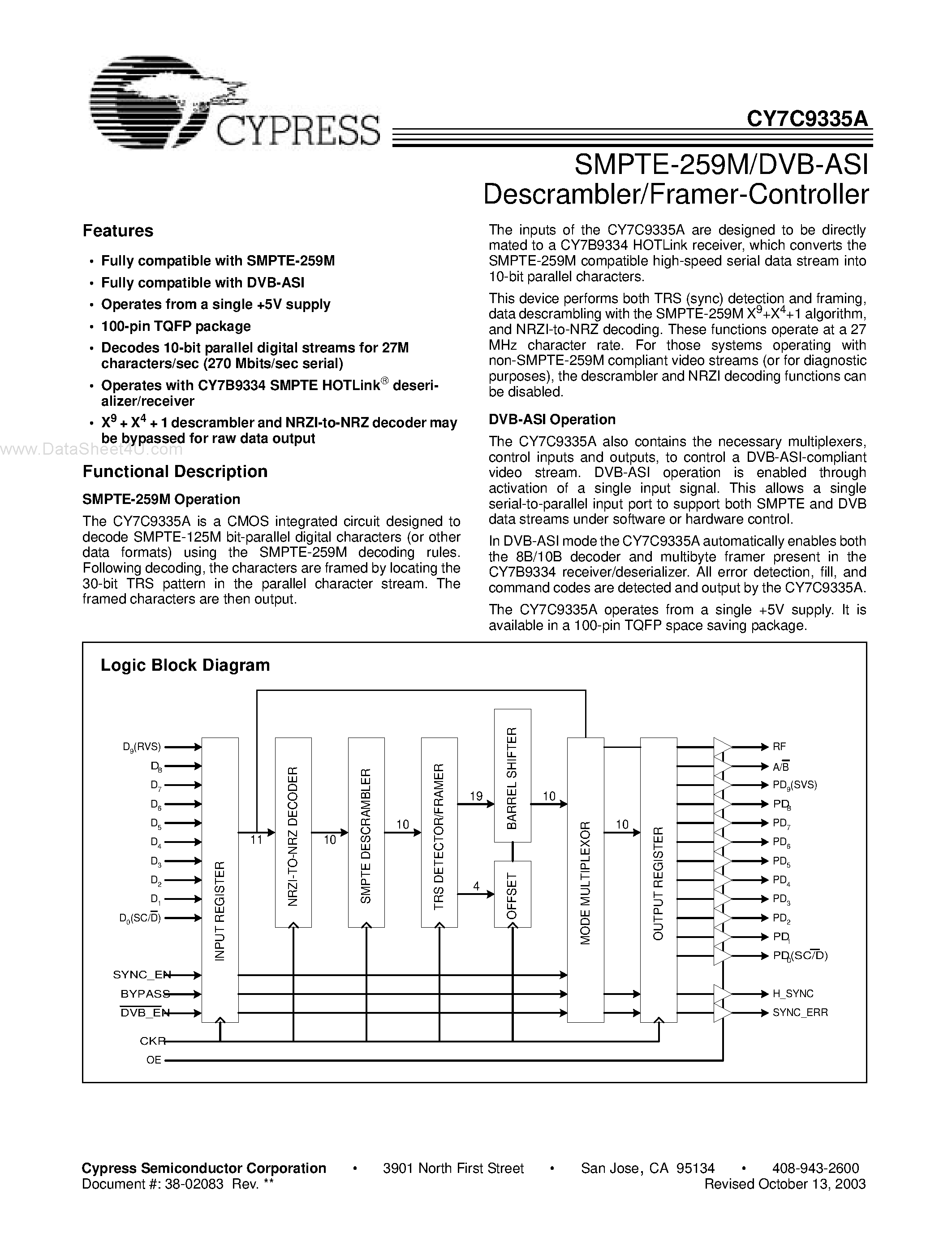 Datasheet CY7C9335A - SMPTE-259M/DVB-ASI Descrambler/Framer-Controller page 1