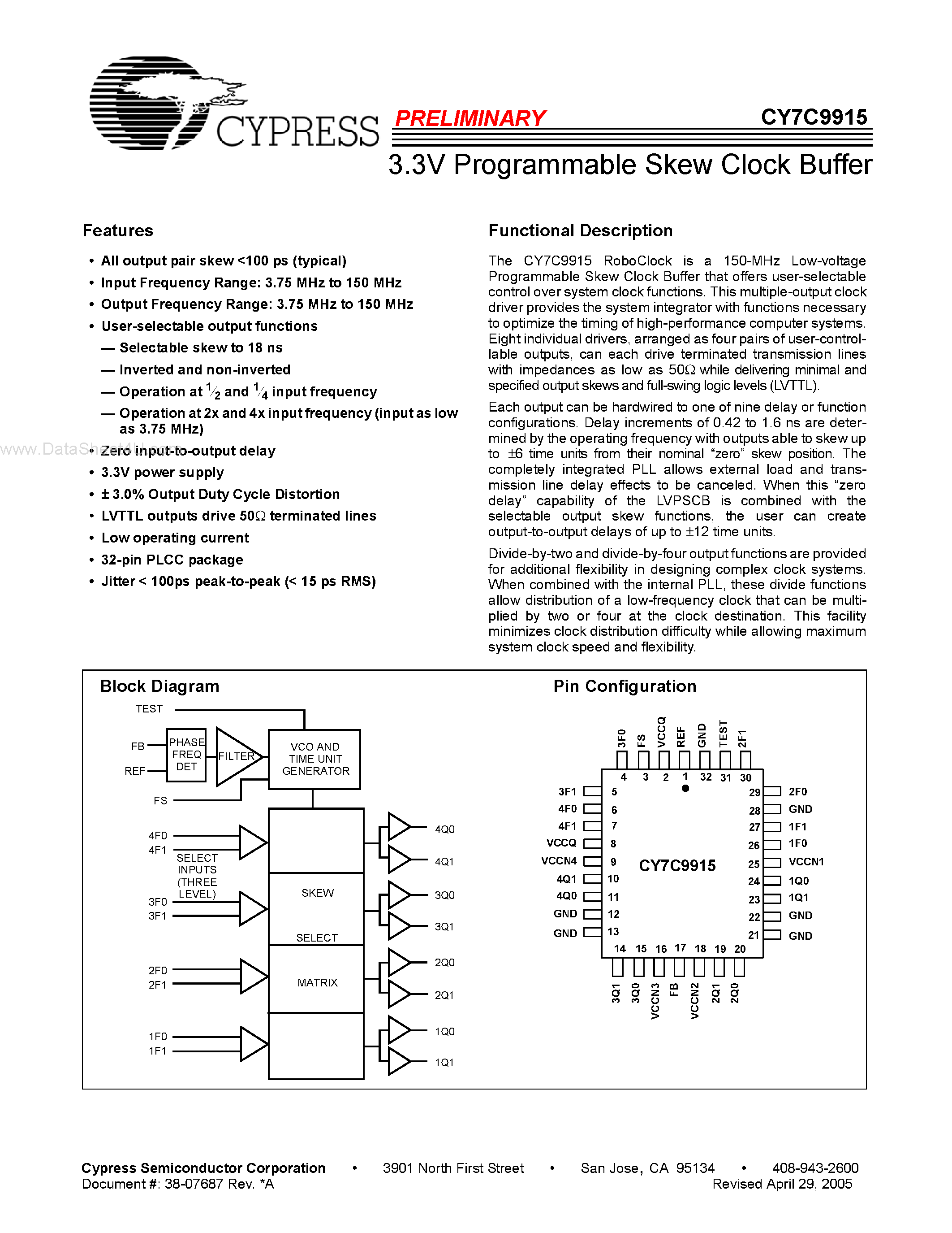 Datasheet CY7C9915 page 1 Datasheet CY7C9915 - 3.3V Programmable Skew Clock Buffer page 1