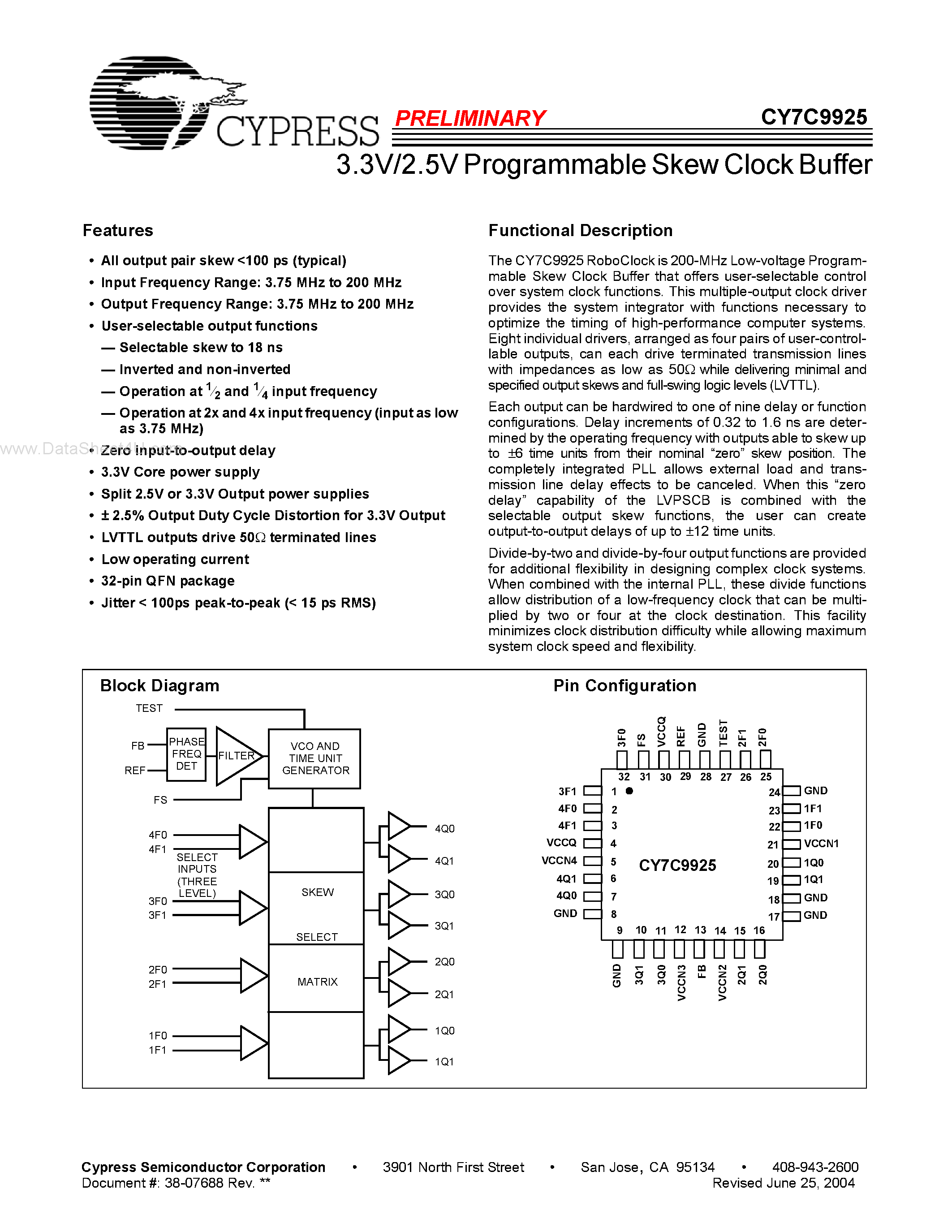 Datasheet CY7C9925 page 1 Datasheet CY7C9925 - 3.3V/2.5V Programmable Skew Clock Buffer page 1