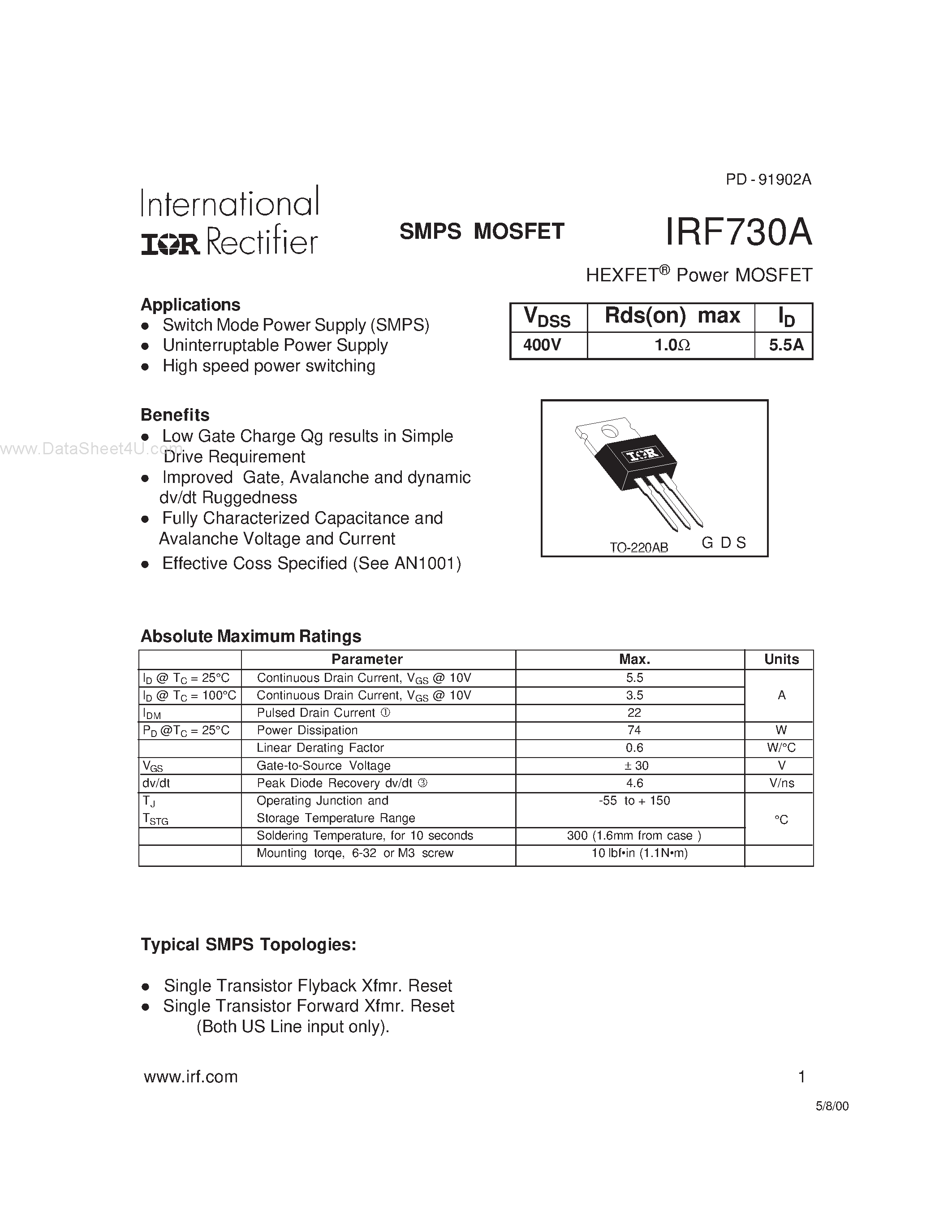 Datasheet IRF730A - SMPS MOSFET page 1