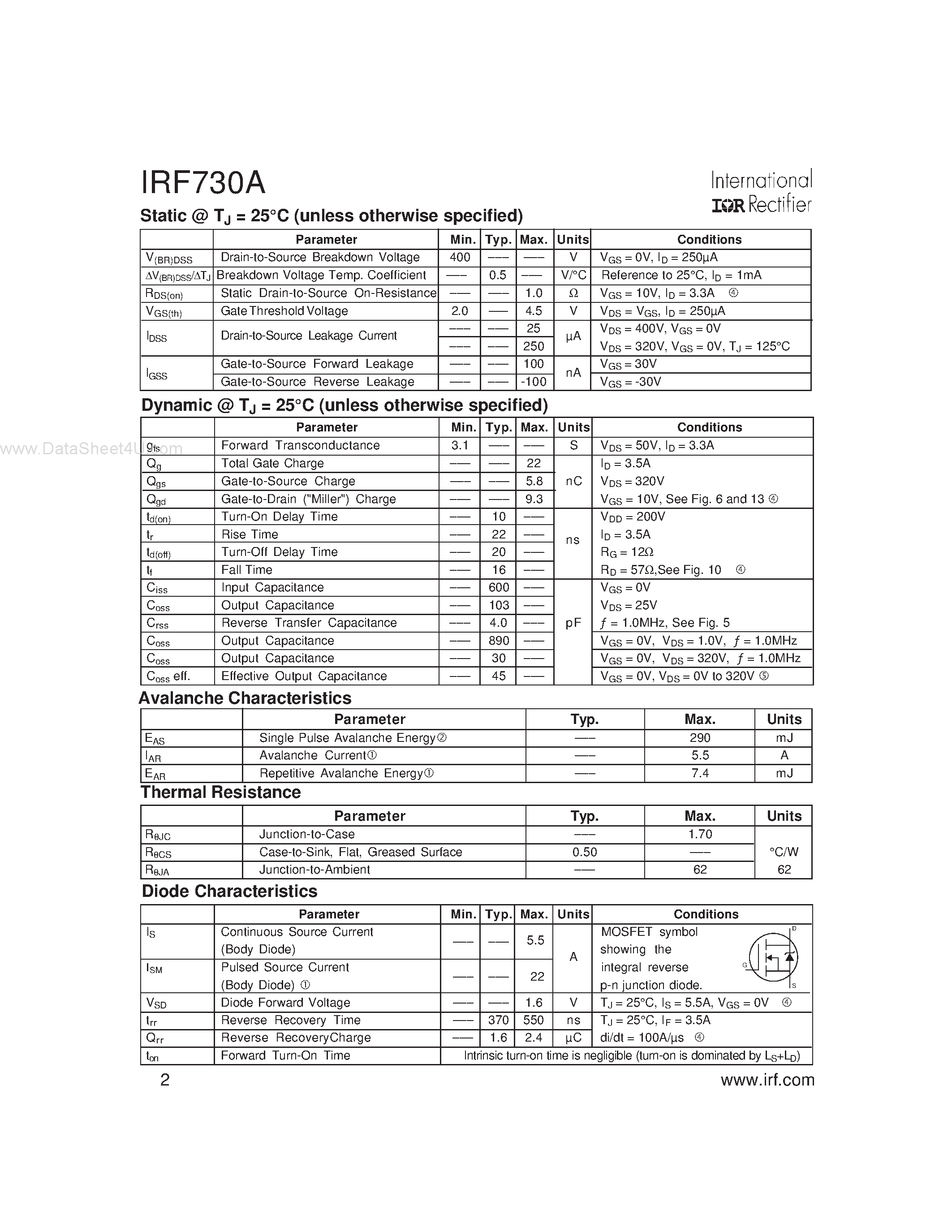 Datasheet IRF730A - SMPS MOSFET page 2