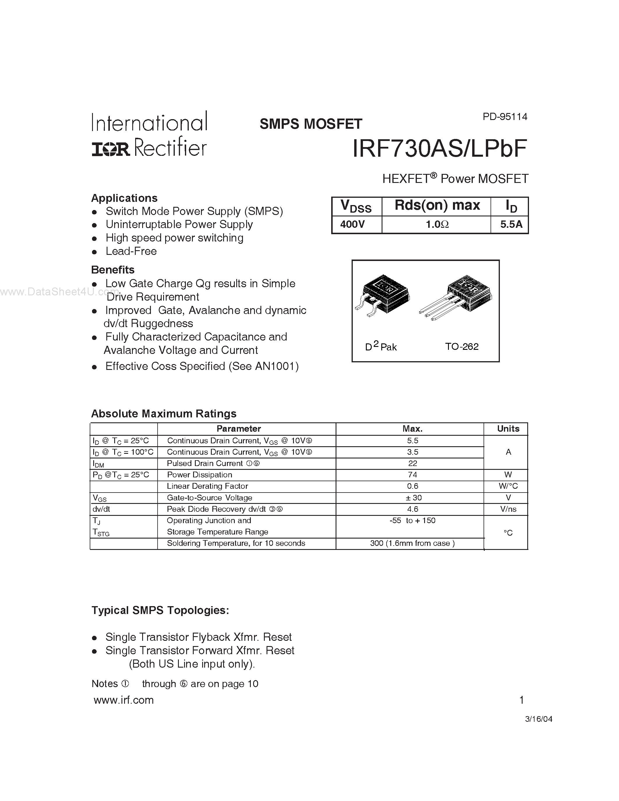 Datasheet IRF730ALPBF - HEXFET Power MOSFET page 1