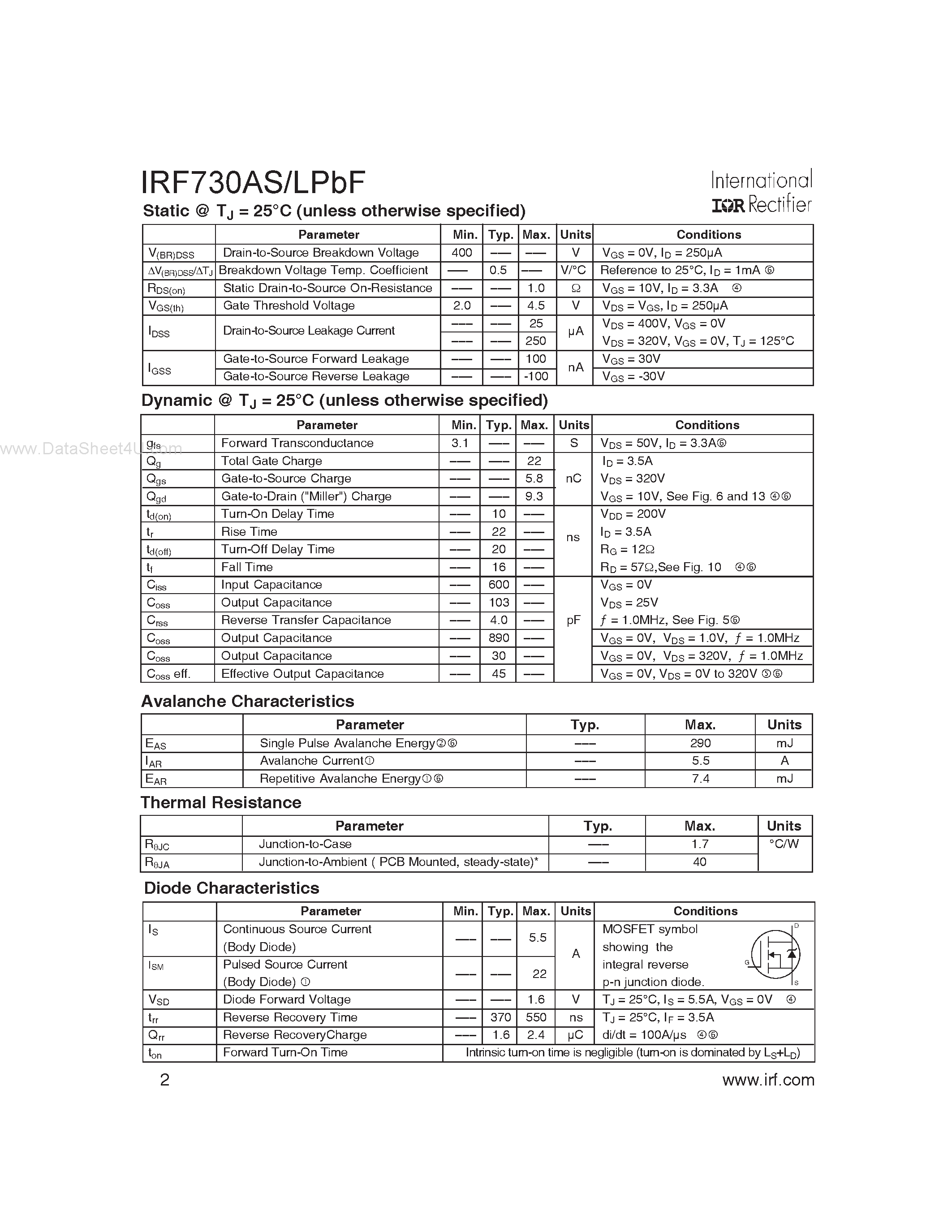 Datasheet IRF730ALPBF - HEXFET Power MOSFET page 2