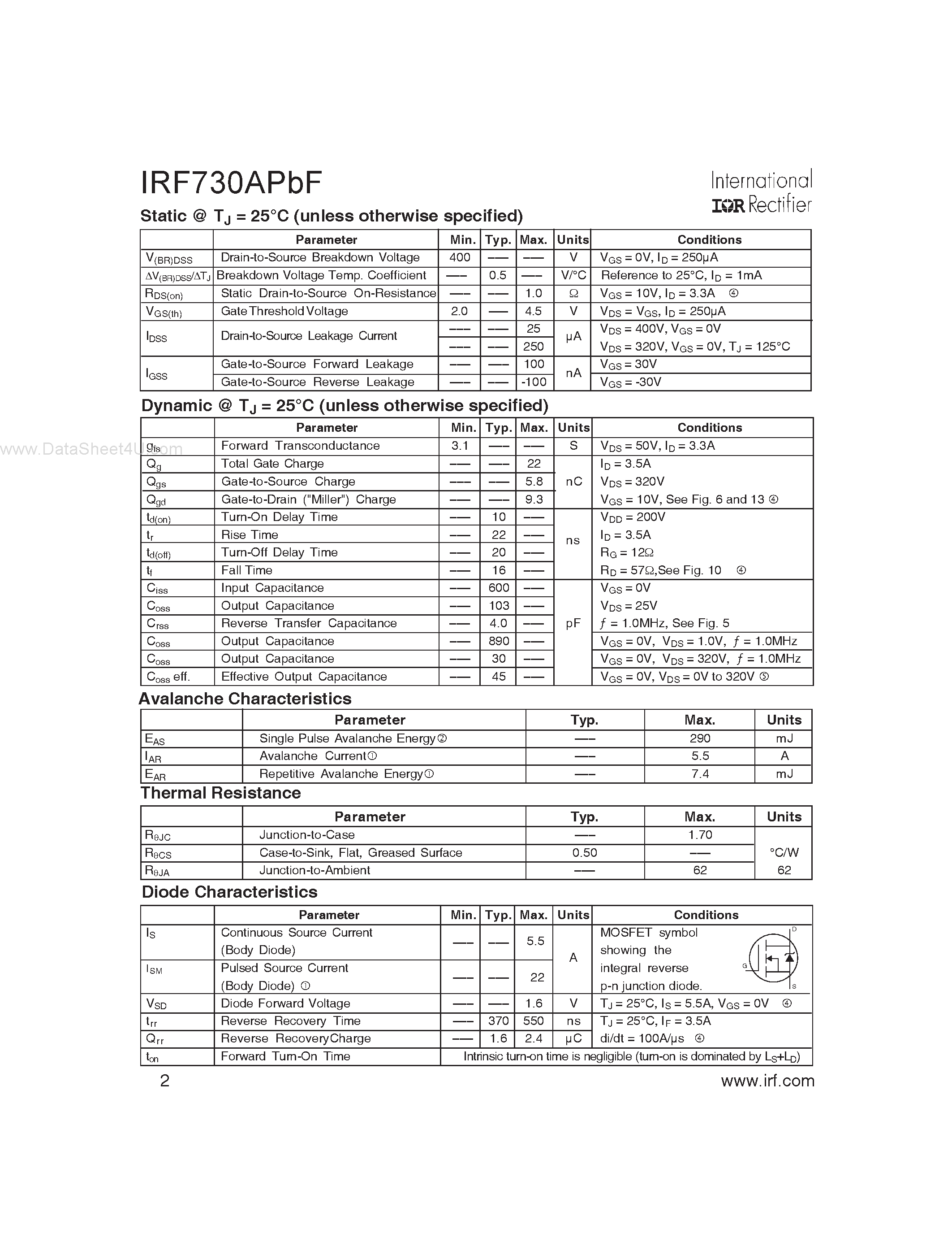 Datasheet IRF730APBF - SMPS MOSFET page 2