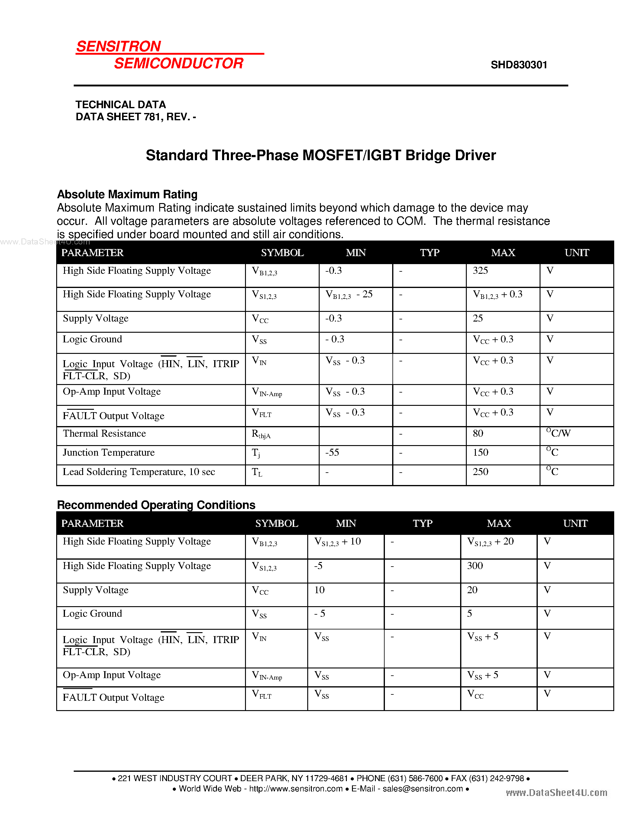 Даташит SHD830301 - Standard Three-Phase MOSFET/IGBT Bridge Driver страница 1