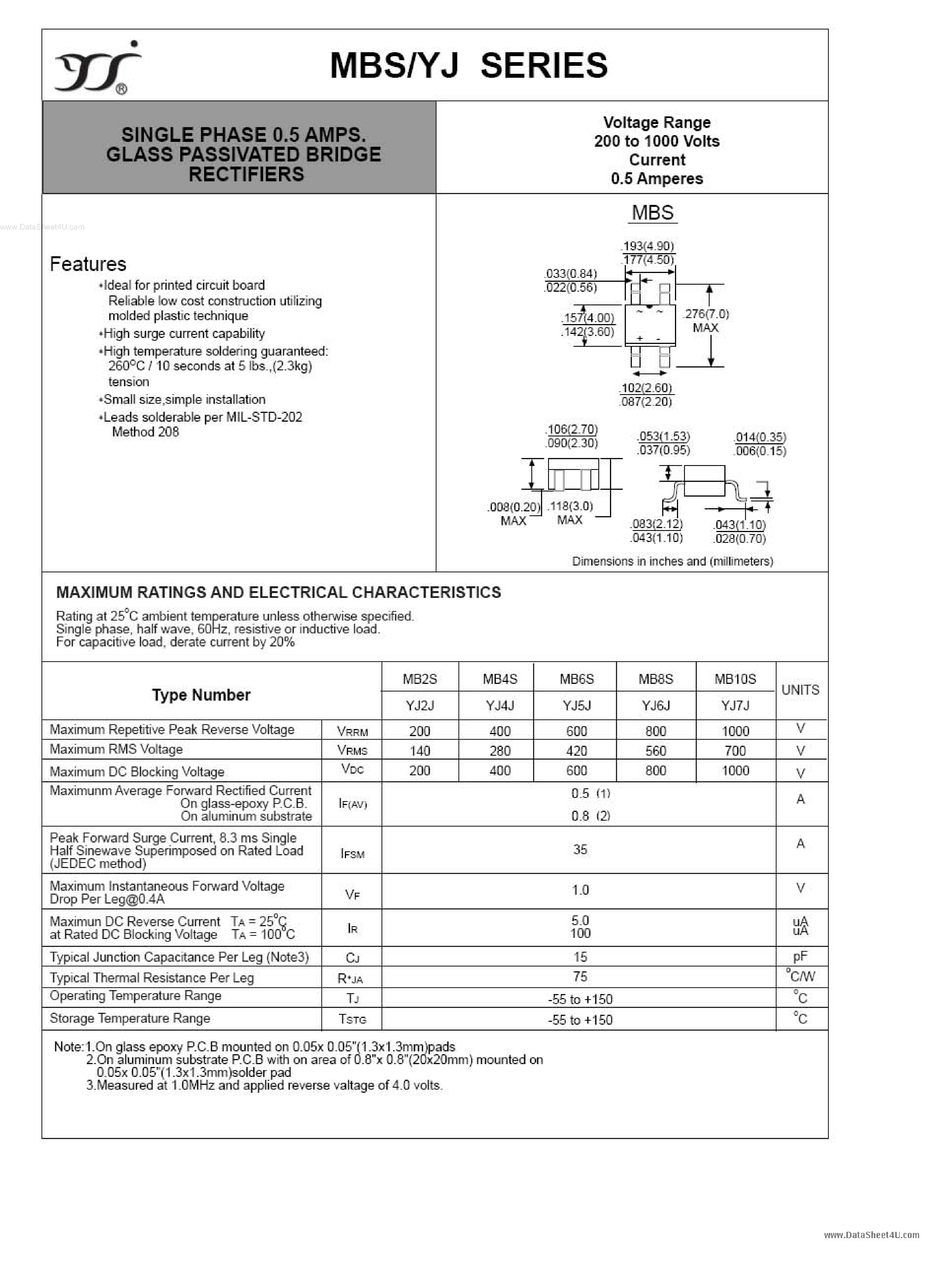 Datasheet MB10S page 1 Datasheet MB10S - GLASS PASSIVATED BRIDGE RECTIFIERS page 1