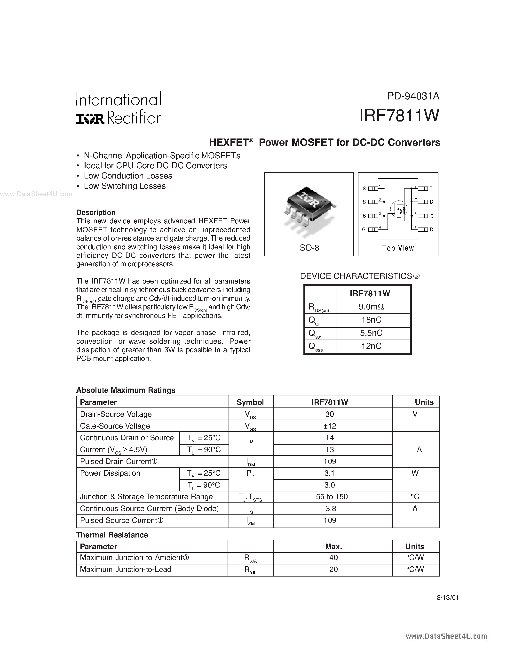 Datasheet F7811W page 1 Datasheet F7811W - Search -----> IRF7811W page 1