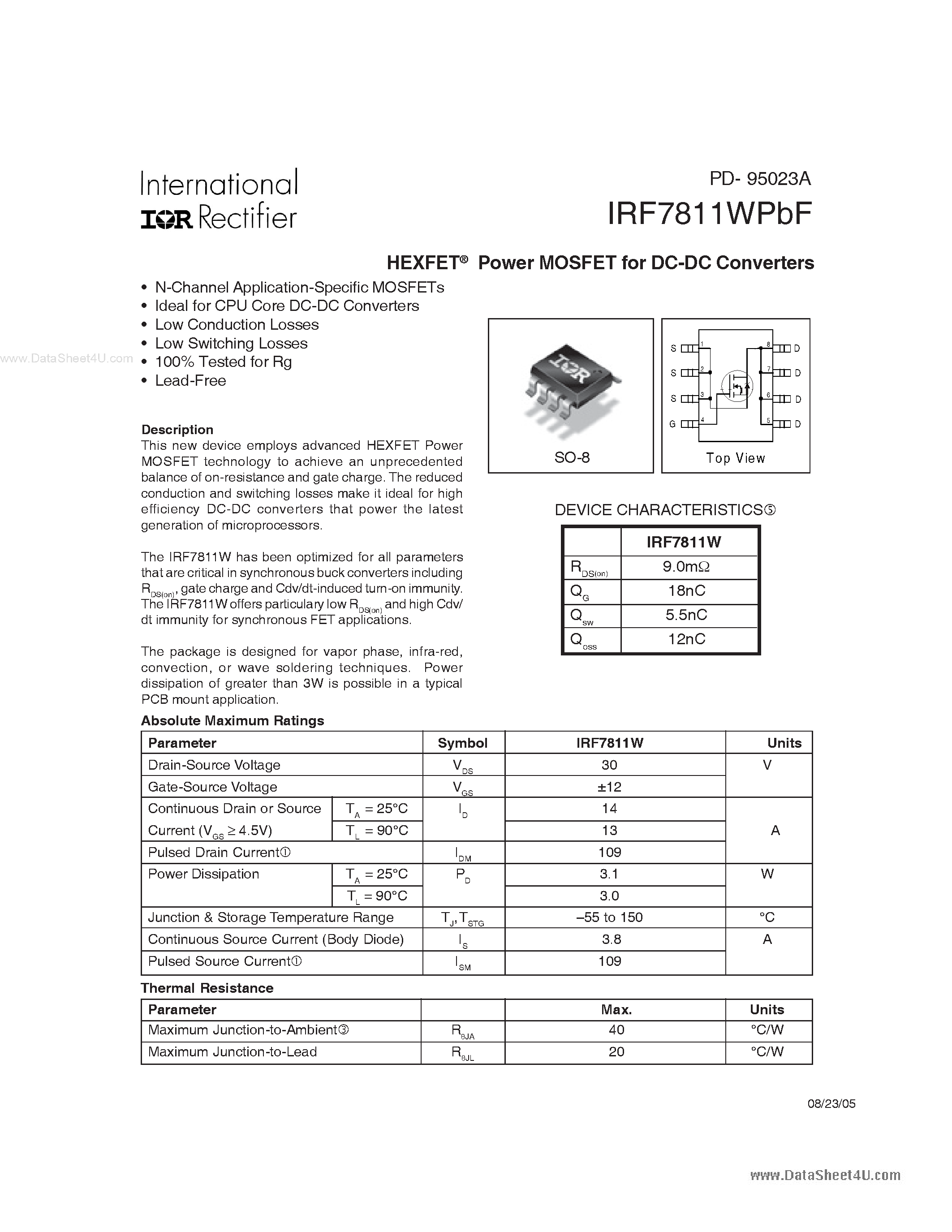 Datasheet IRF7811WPBF - Power MOSFET page 1