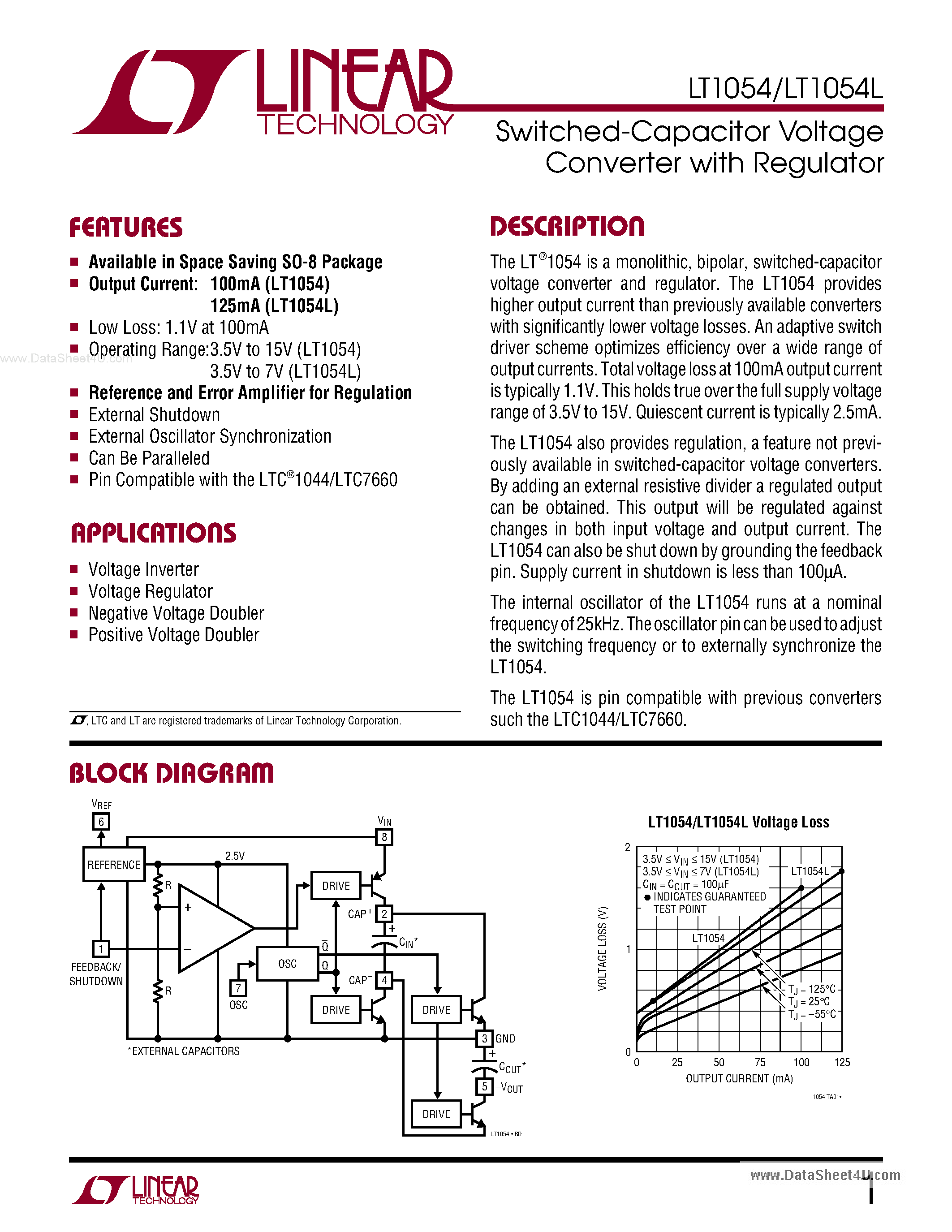 Datasheet LTC1054 page 1 Datasheet LTC1054 - Switched Capacitor Voltage Converter page 1