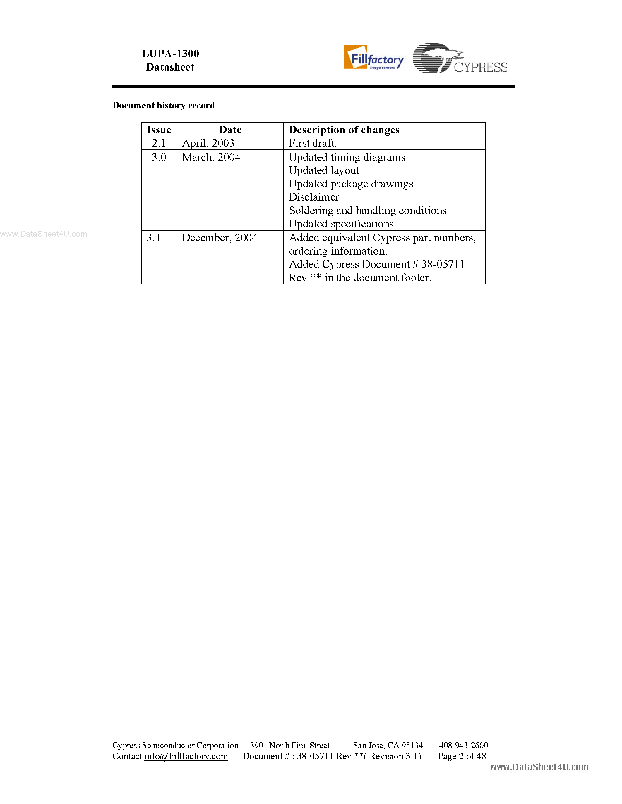 Datasheet LUPA-1300 - 1.3 M Pixel High Speed CMOS Image Sensor page 2