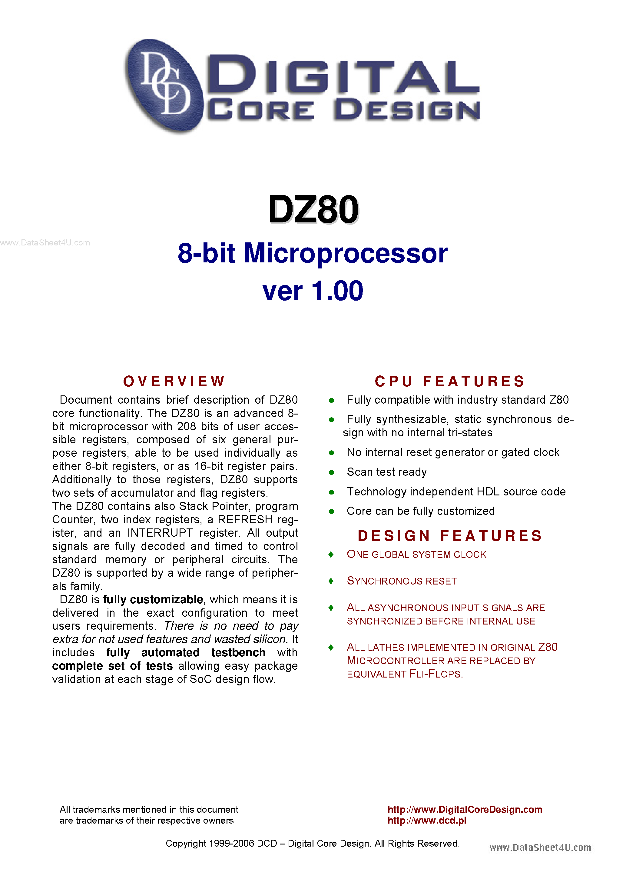 Datasheet DZ80 - 8-bit Microprocessor page 1