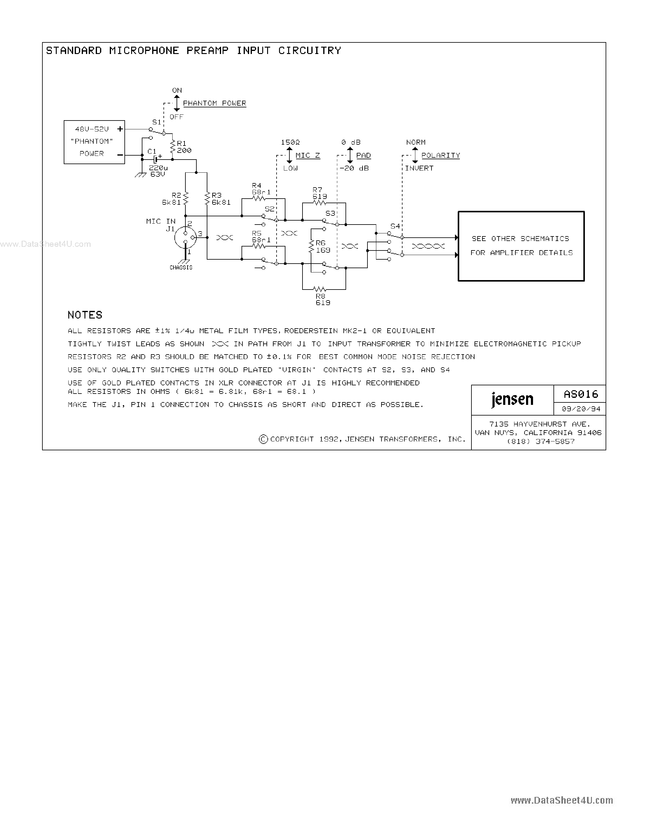 Даташит на микросхему AS016 страница 1 Даташит AS016 - Standard Microphone Preamp Input Circuit страница 1