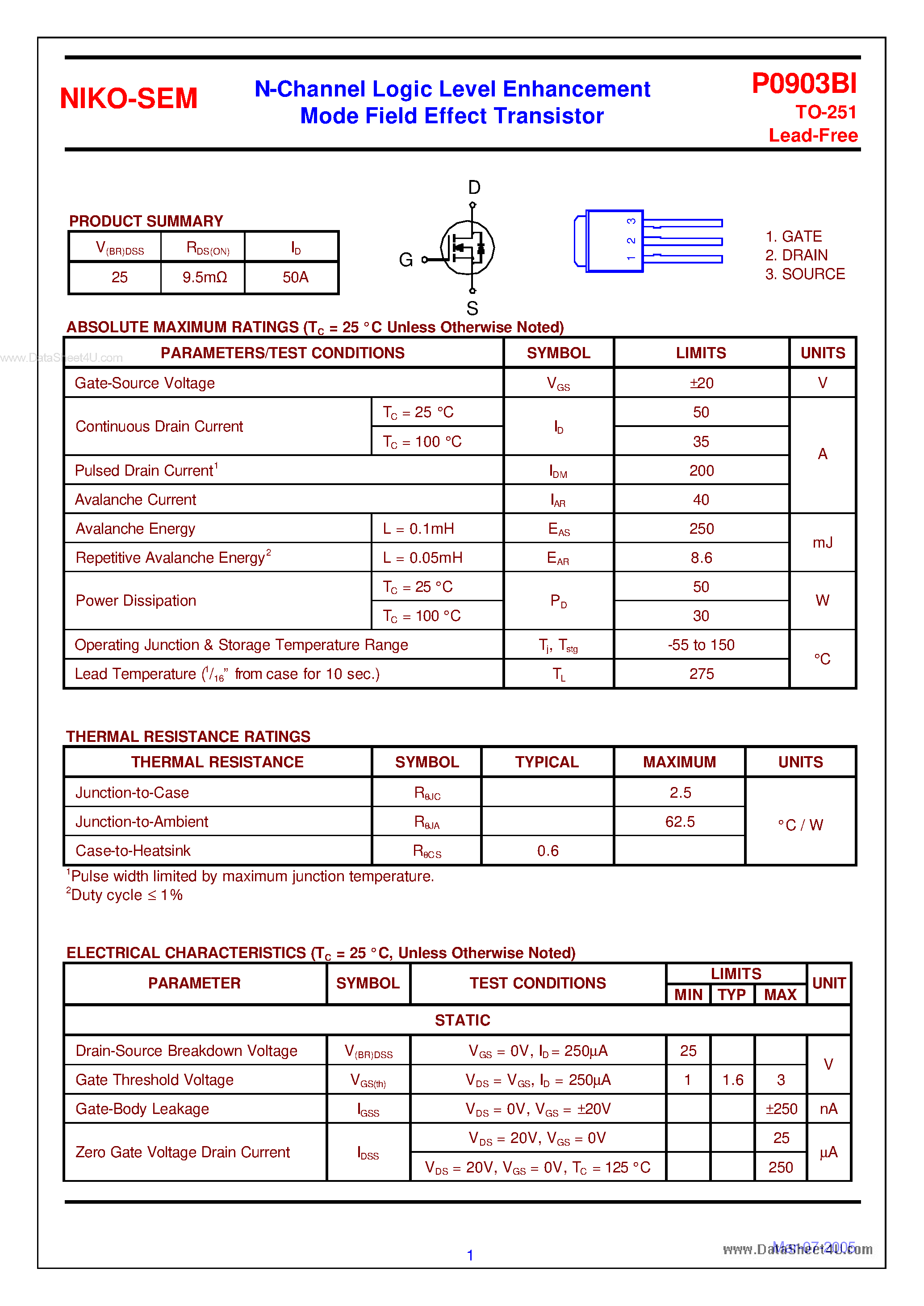 Datasheet P0903BI - N-Channel Logic Level Enhancement Mode Field Effect Transistor page 1