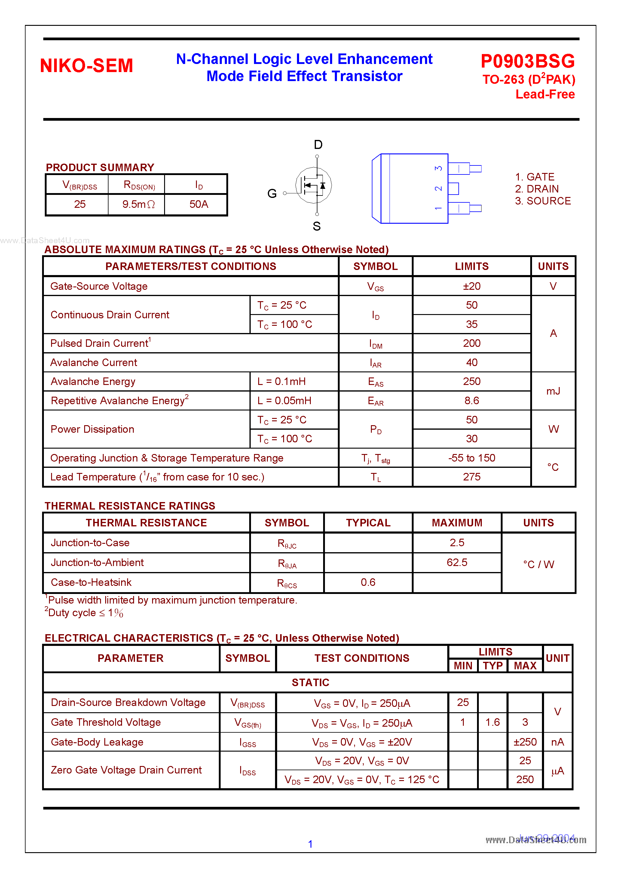 Datasheet P0903BSG - N-Channel Logic Level Enhancement Mode Field Effect Transistor page 1