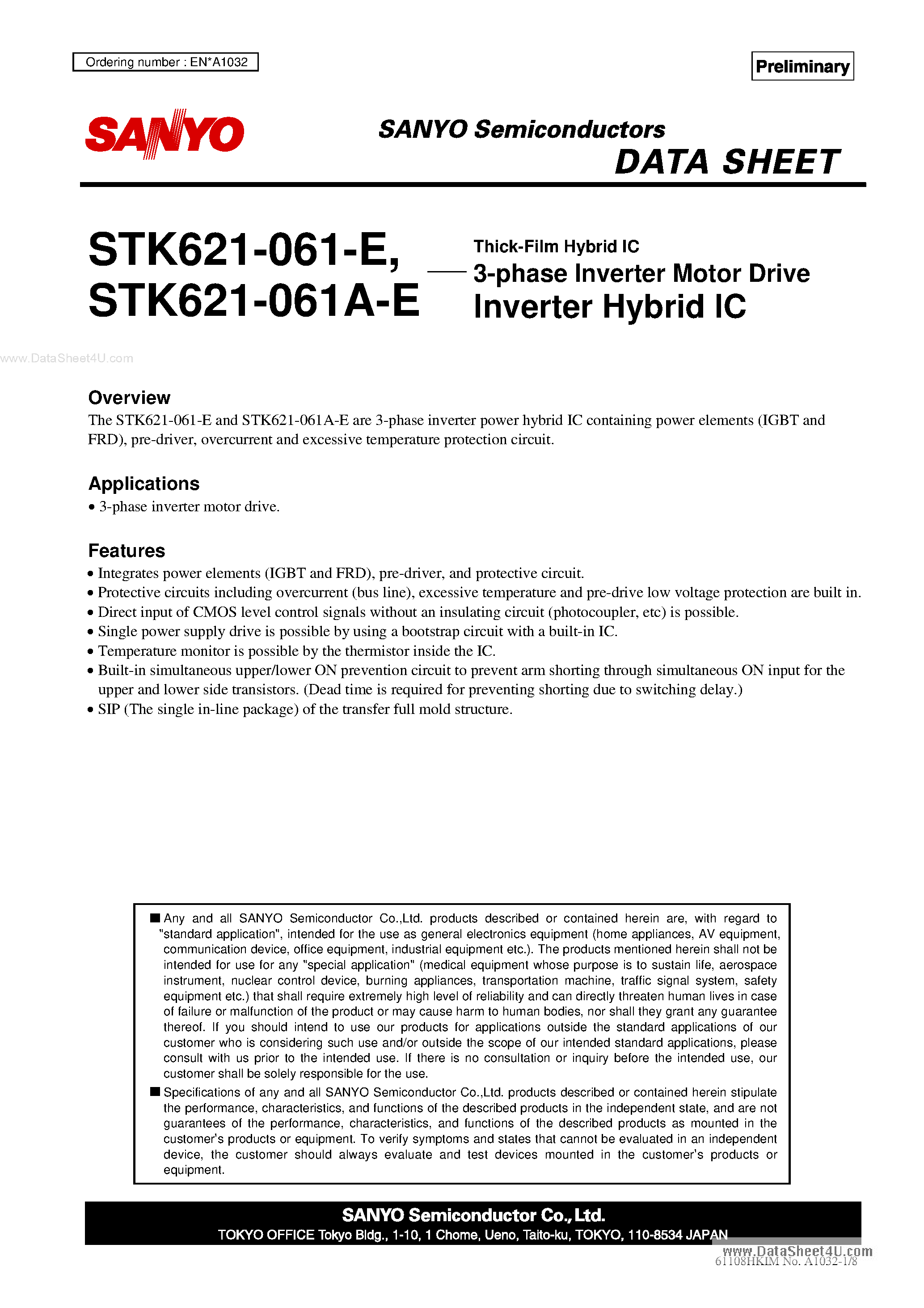 Datasheet STK621-061 page 1 Datasheet STK621-061 - 3-Phase Inverter Motor Drive page 1