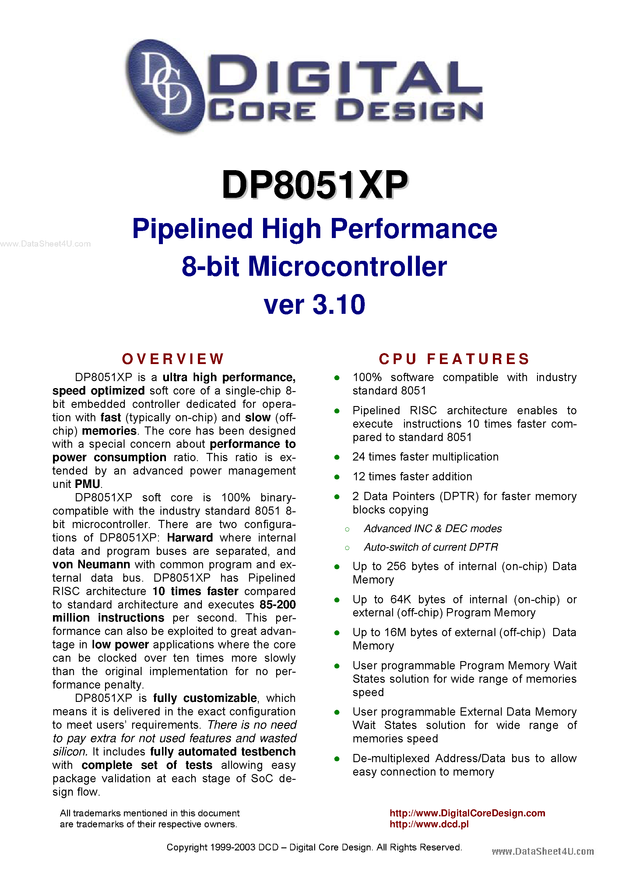 Datasheet DP8051XP page 1 Datasheet DP8051XP - Pipelined High Performance 8-bit Microcontroller page 1