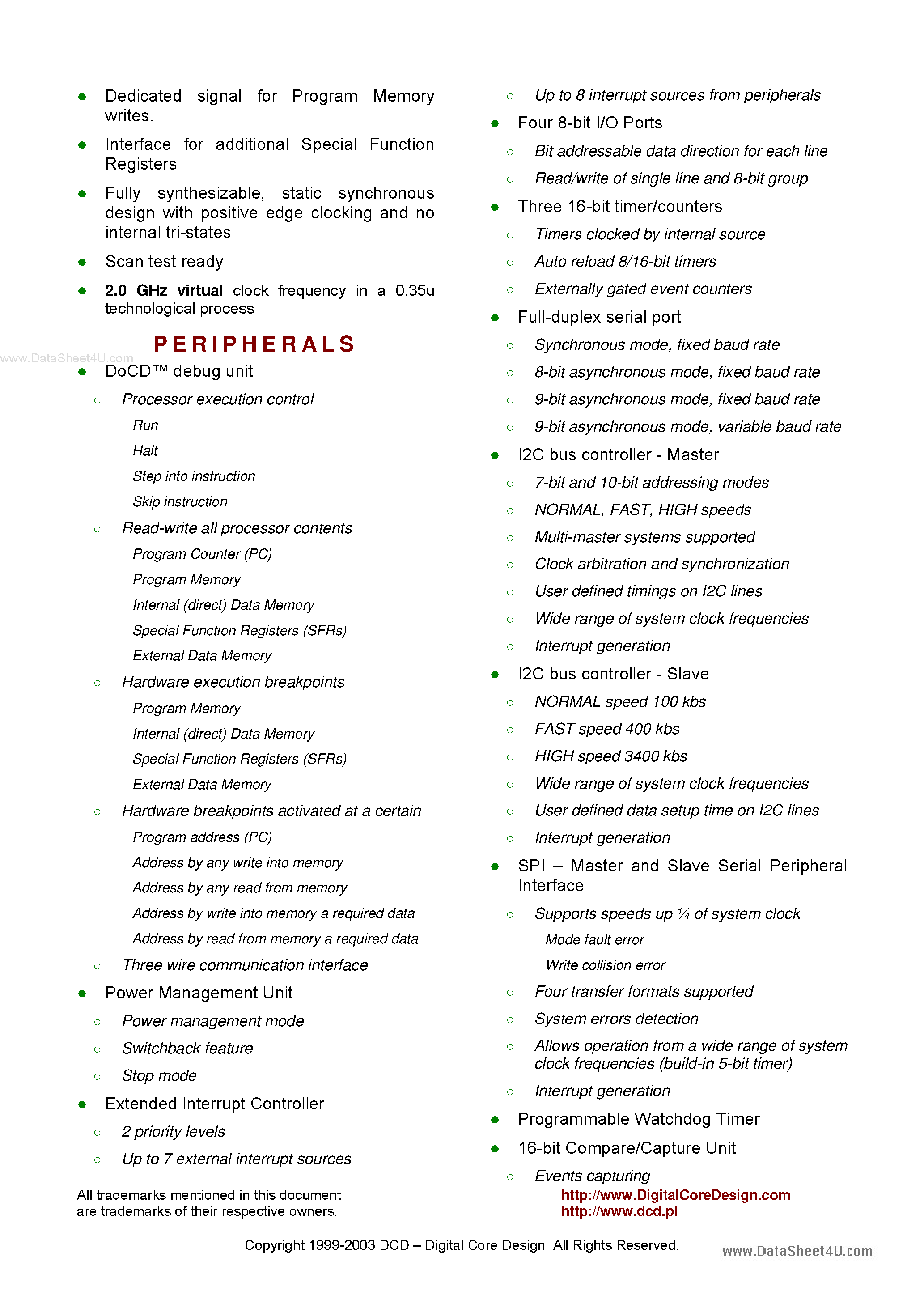 Datasheet DP8051XP page 2 Datasheet DP8051XP - Pipelined High Performance 8-bit Microcontroller page 2