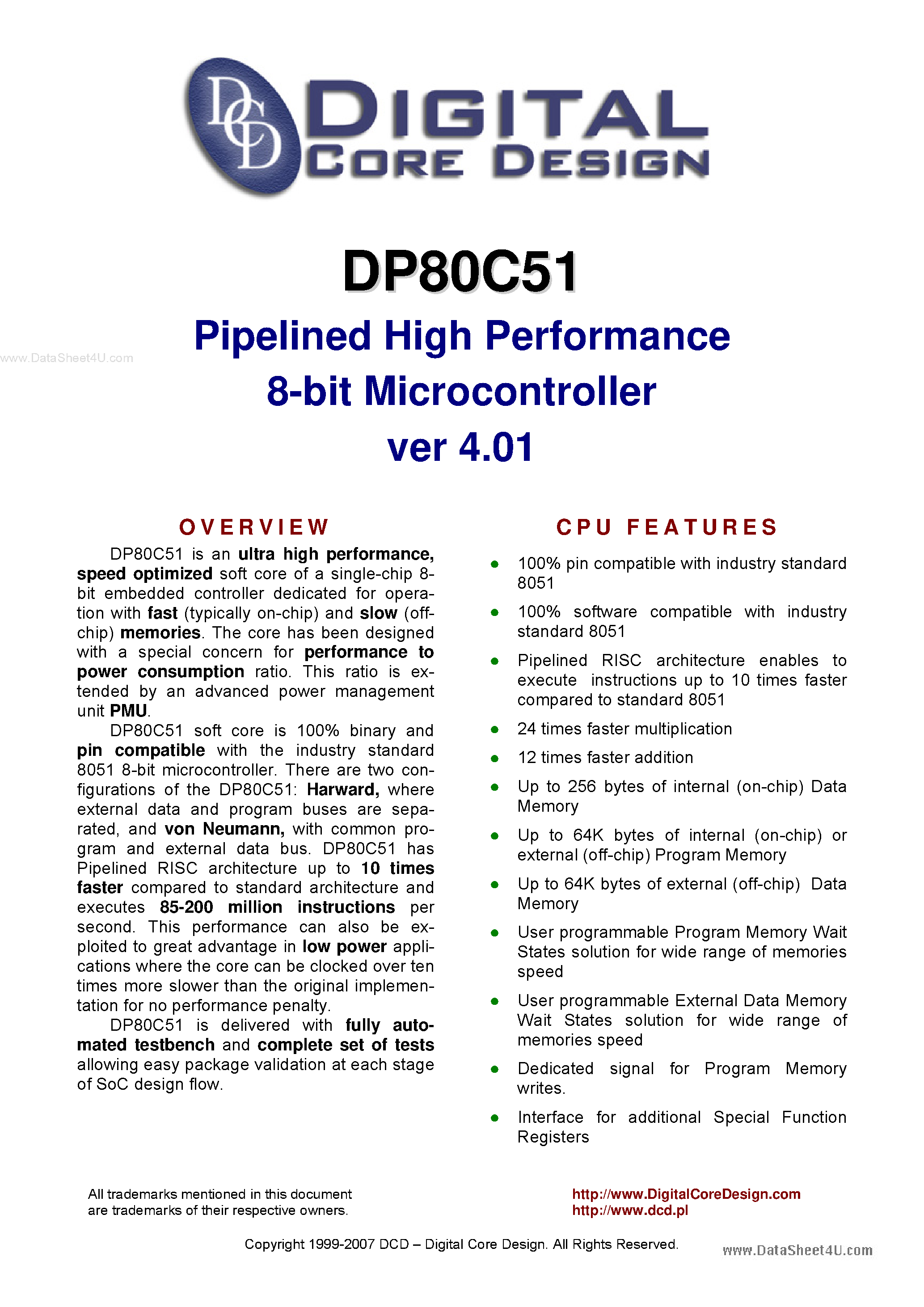 Datasheet DP80C51 - Pipelined High Performance 8-bit Microcontroller page 1