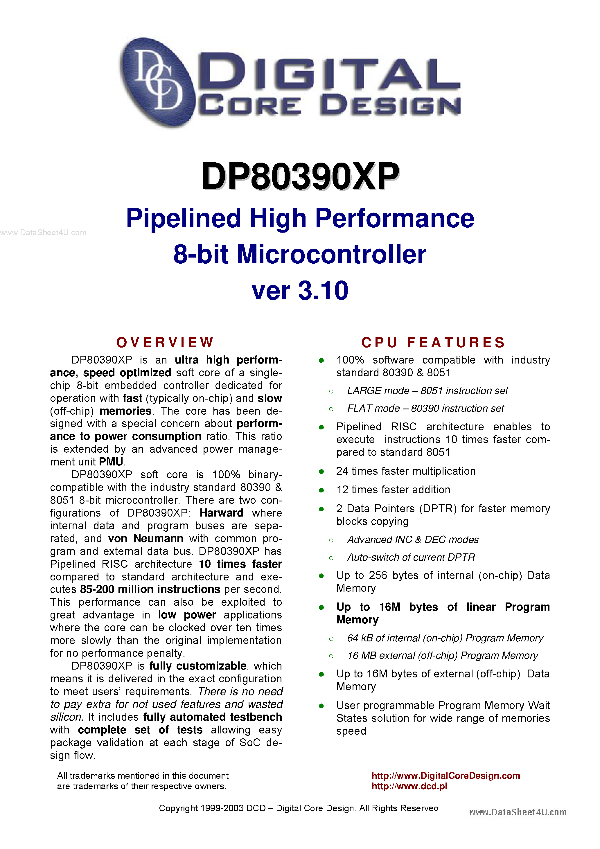 Datasheet DP80390XP - Pipelined High Performance 8-bit Microcontroller page 1