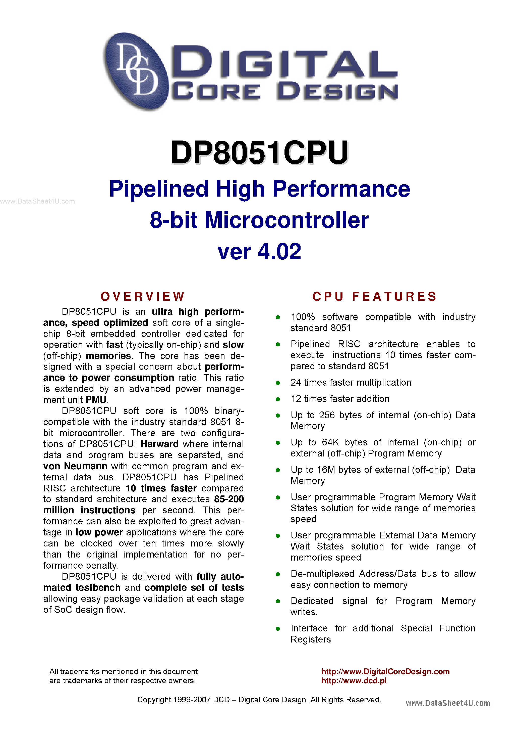 Datasheet DP8051CPU page 1 Datasheet DP8051CPU - Pipelined High Performance 8-bit Microcontroller page 1