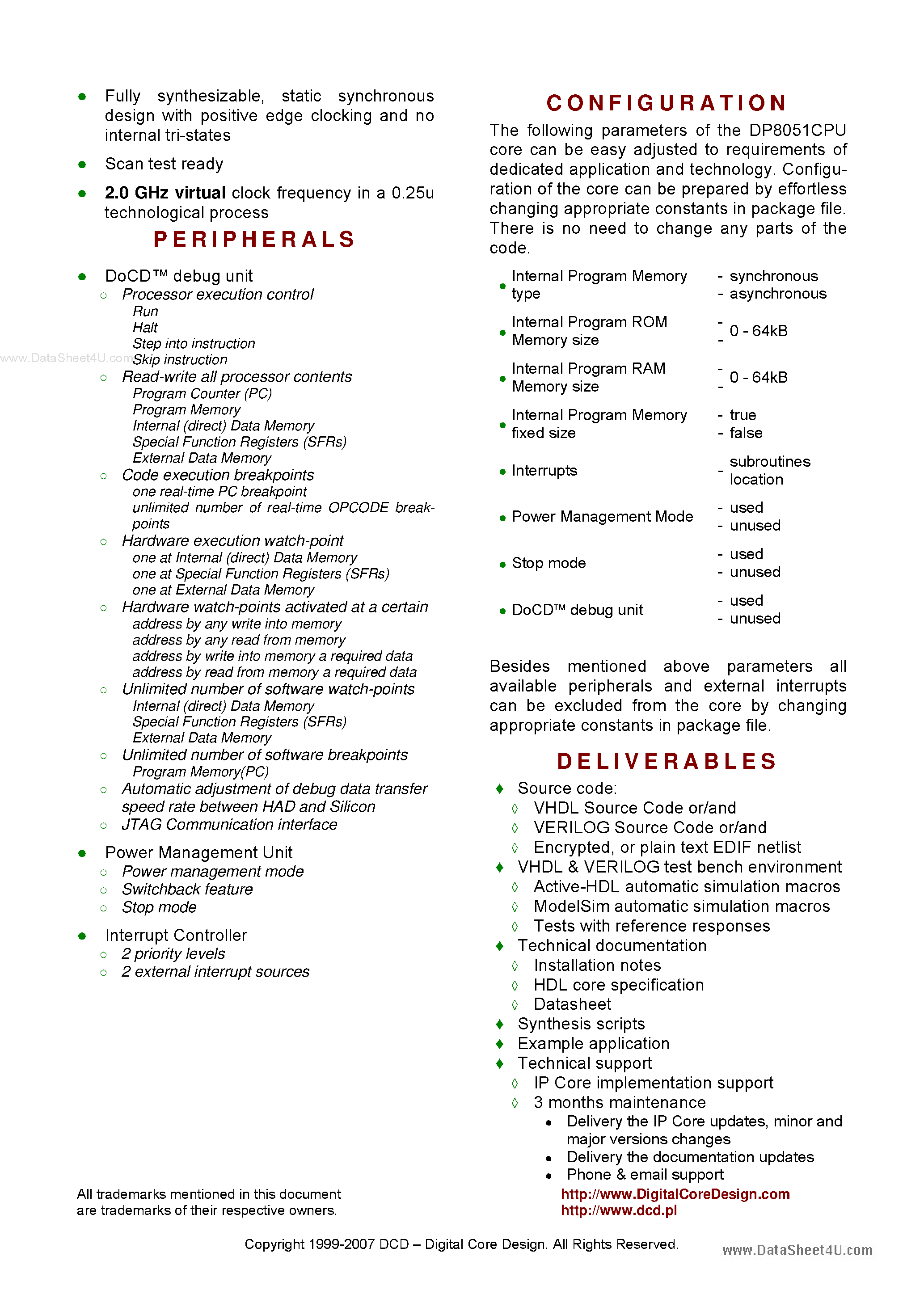 Datasheet DP8051CPU page 2 Datasheet DP8051CPU - Pipelined High Performance 8-bit Microcontroller page 2
