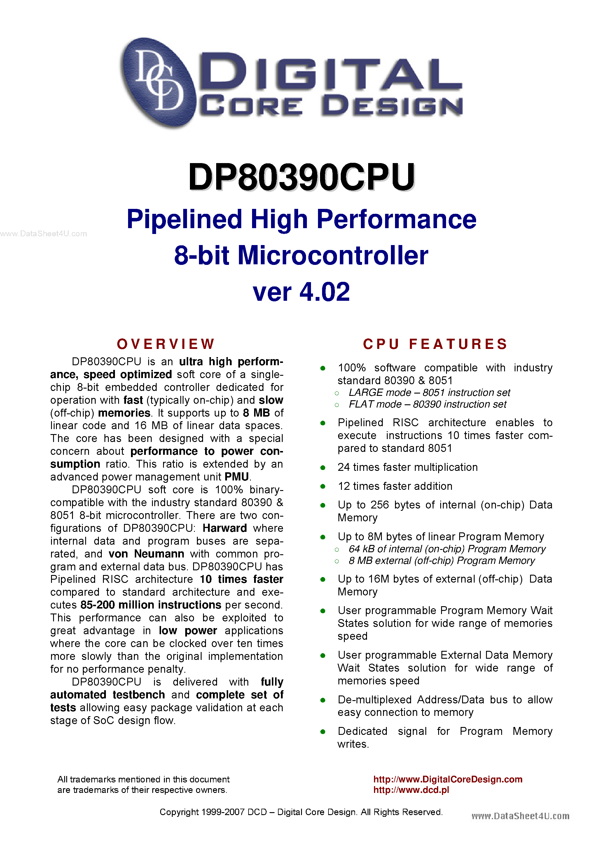 Datasheet DP80390CPU - Pipelined High Performance 8-bit Microcontroller page 1