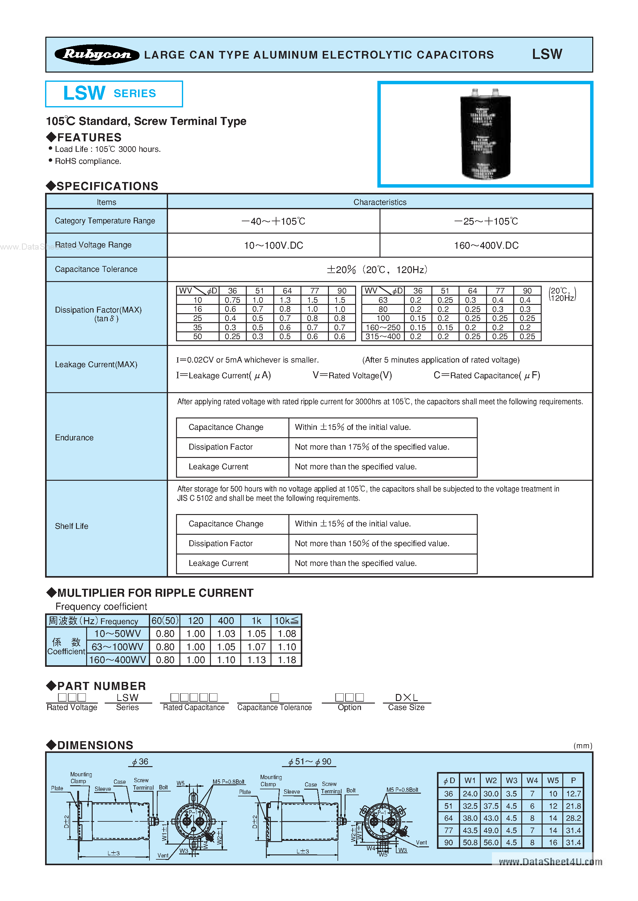 Datasheet LSW - LARGE CAN TYPE ALUMINUM ELECTROLYTIC CAPACITORS page 1