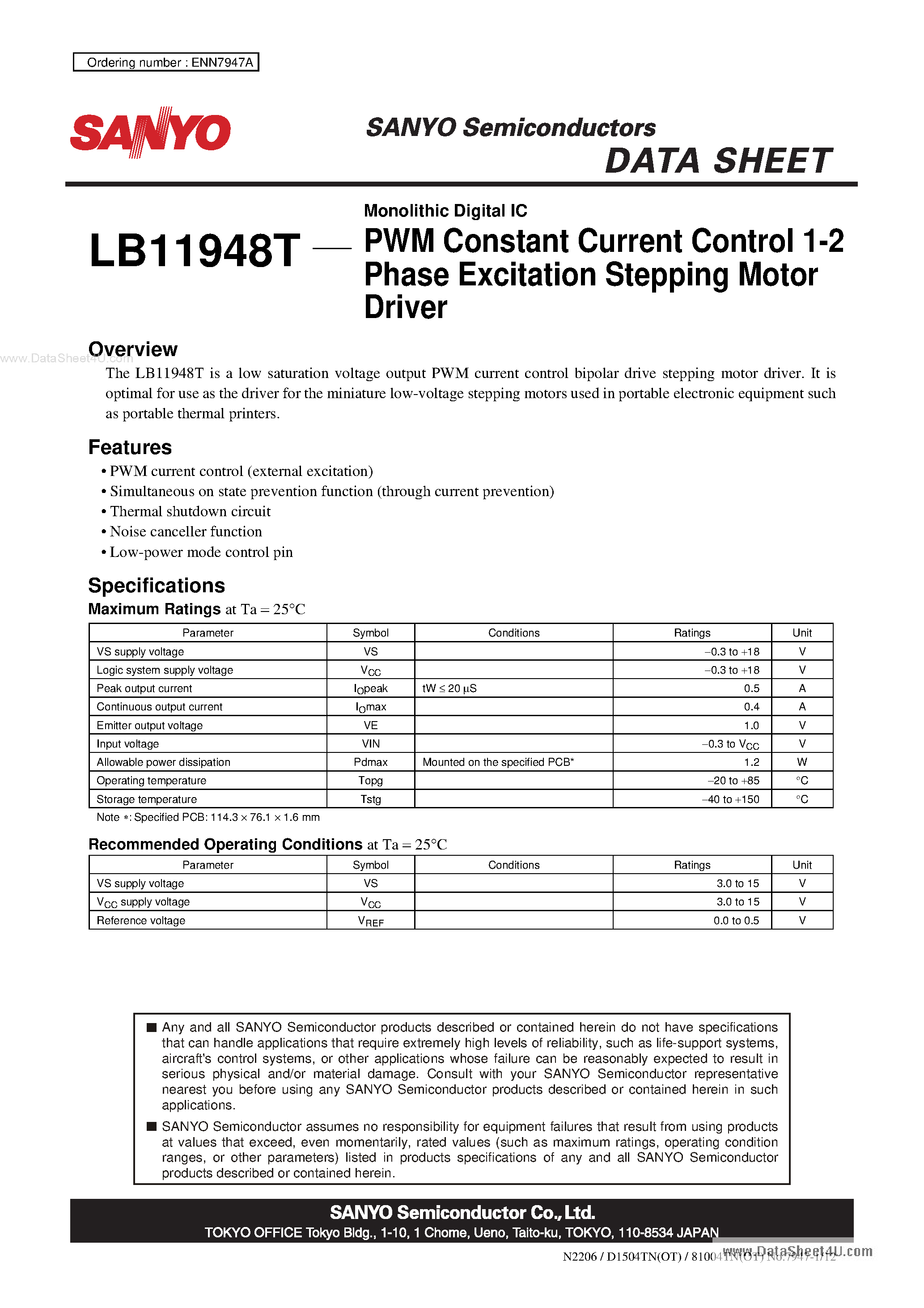 Даташит LB11948T - Monolithic Digital IC PWM Constant Current Control 1-2 Phase Excitation Stepping Motor Driver страница 1