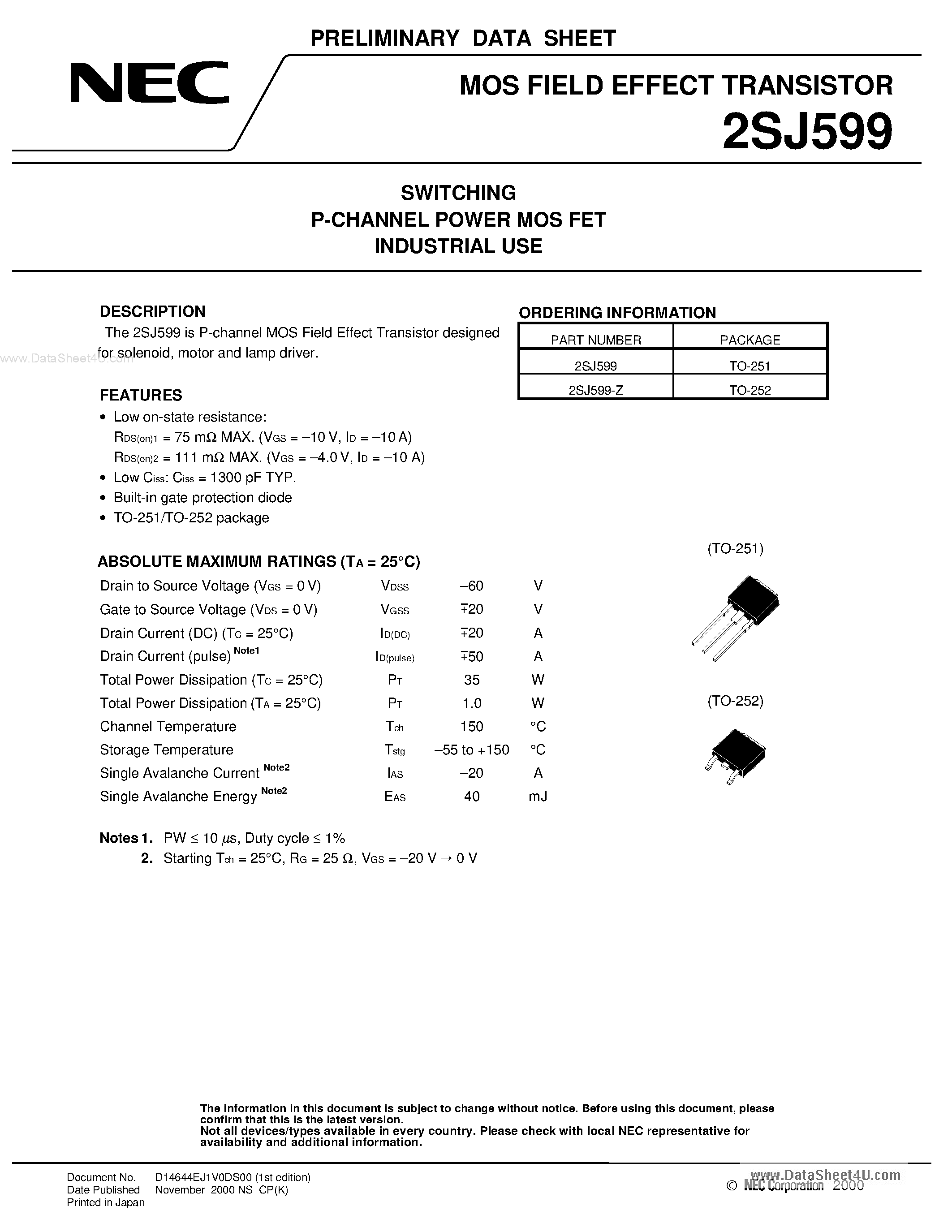 Datasheet 2SJ599 - SWITCHING P-CHANNEL POWER MOS FET page 1