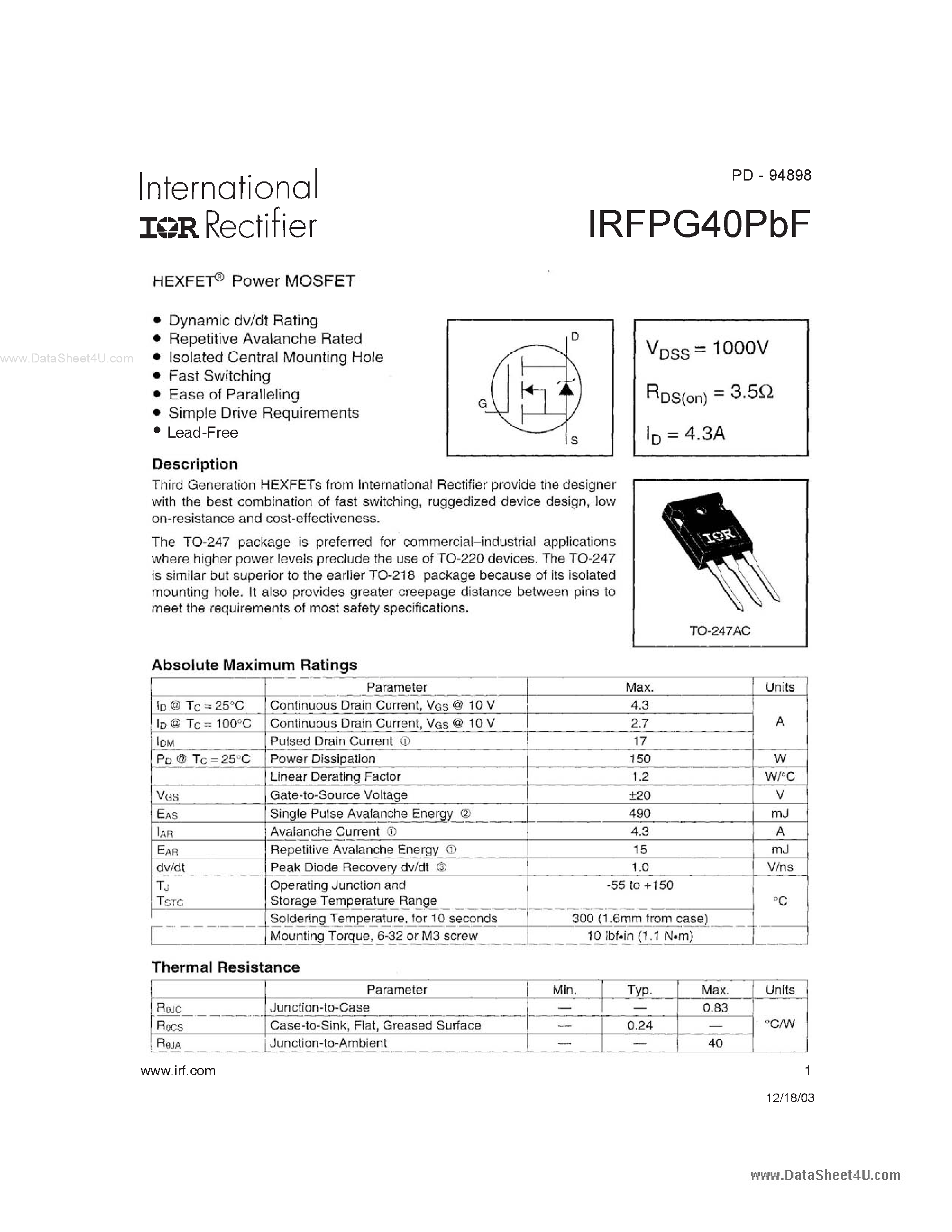 Даташит IRFPG40PBF - HEXFET POWER MOSFET страница 1
