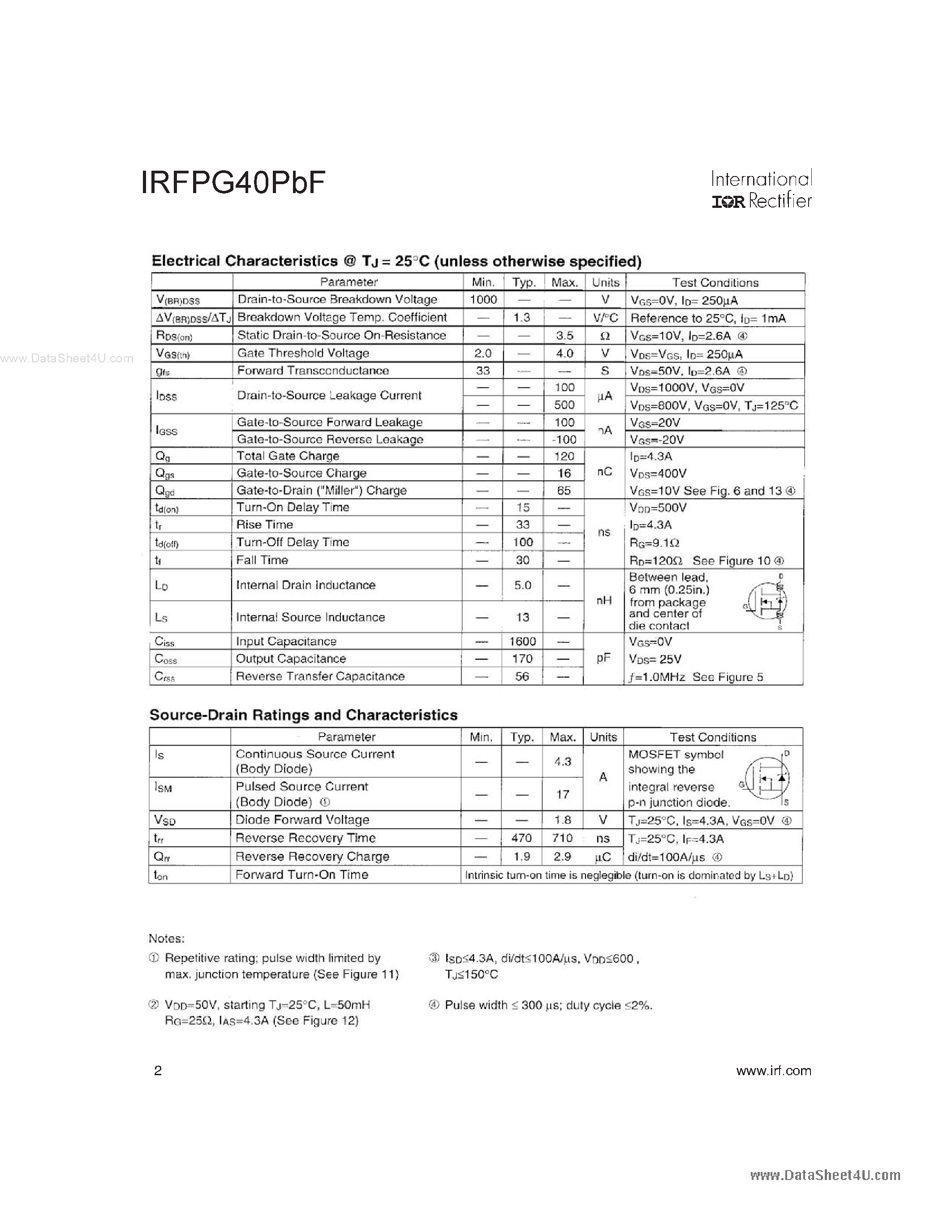 Даташит IRFPG40PBF - HEXFET POWER MOSFET страница 2