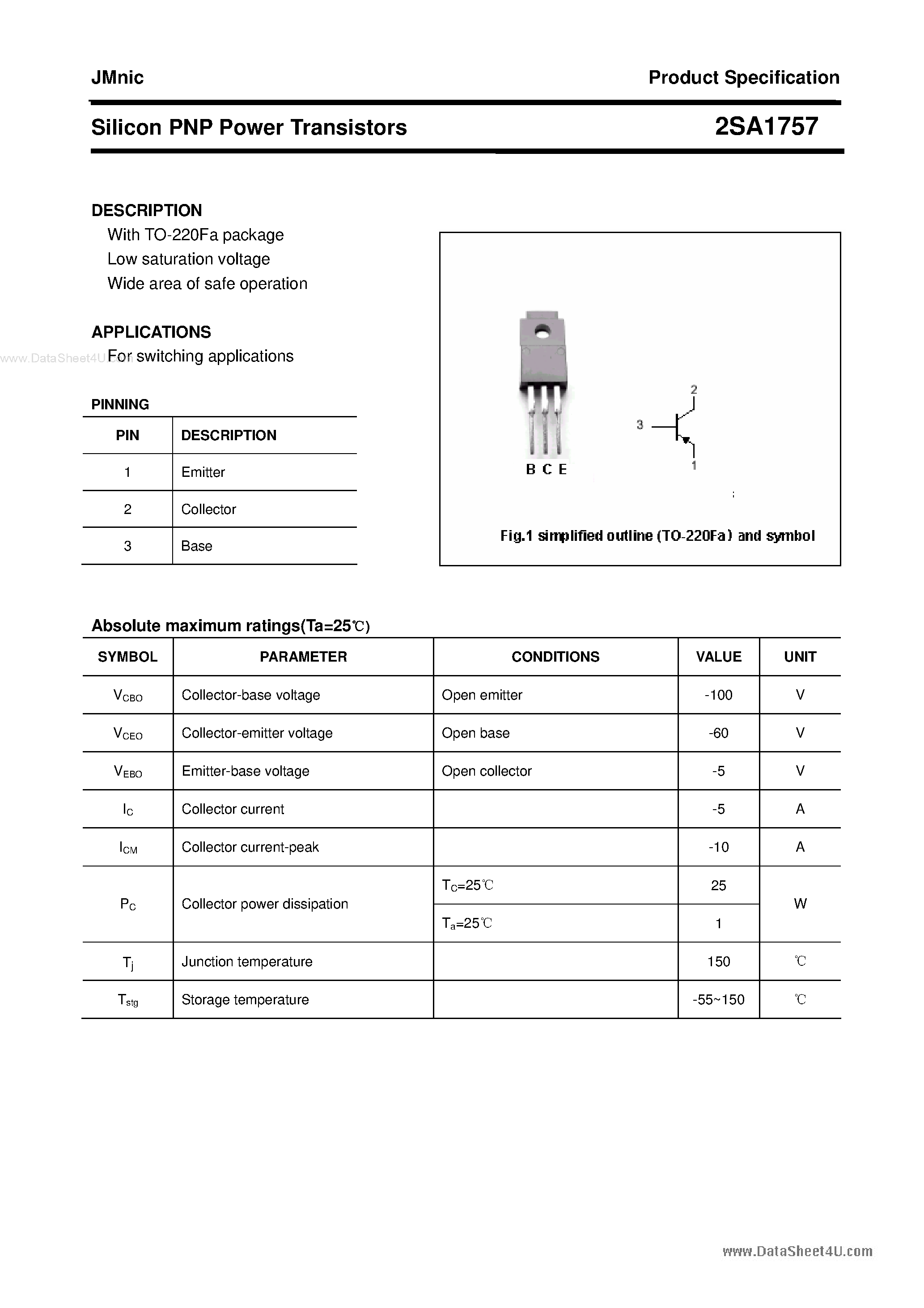 Datasheet 2SA1757 - Silicon PNP Power Transistor page 1