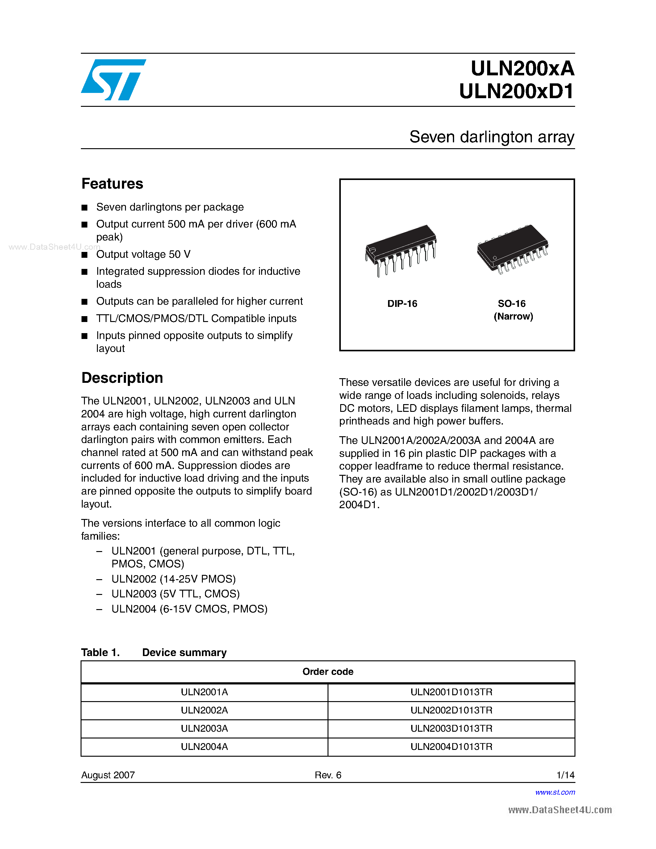 Datasheet E-ULN2001A - Seven Darlington Array page 1