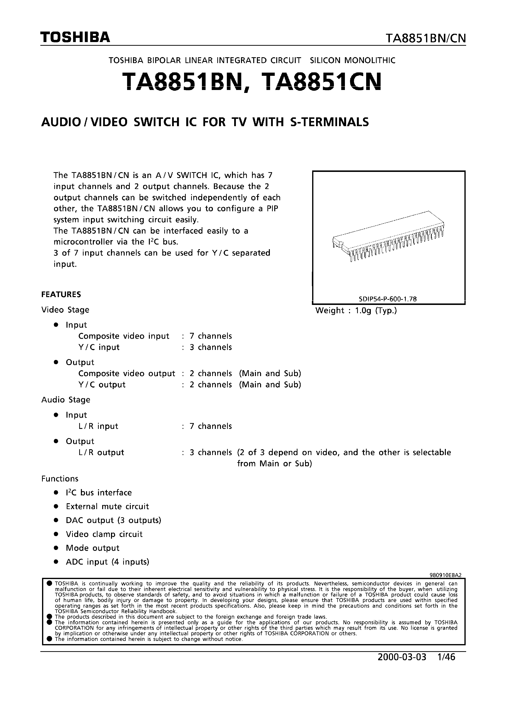 Datasheet TA8851 - AUDIO/ VIDEO SWITCH IC FOR TV WITH S-TERMINALS page 1