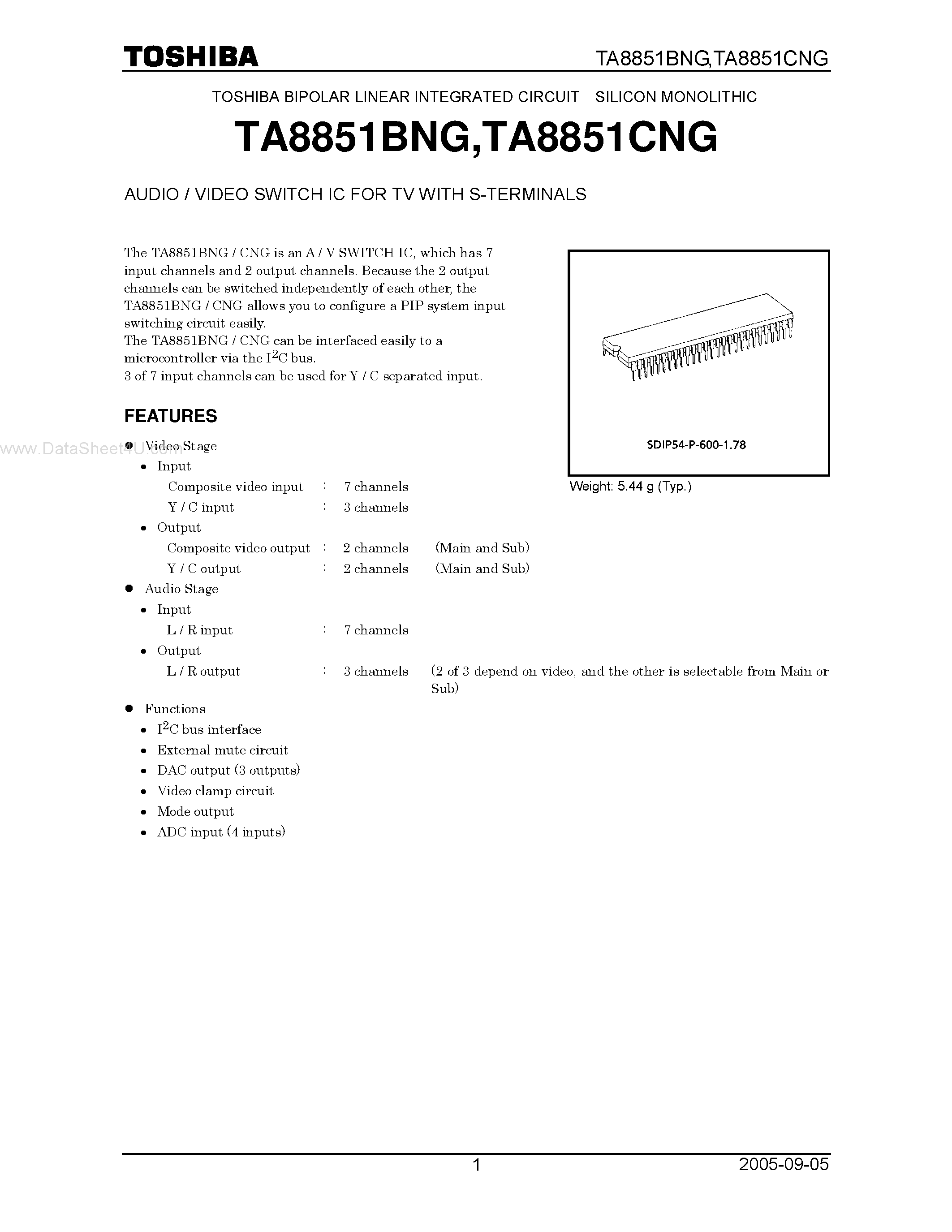 Datasheet TA8851BNG page 1 Datasheet TA8851BNG - AUDIO / VIDEO SWITCH page 1