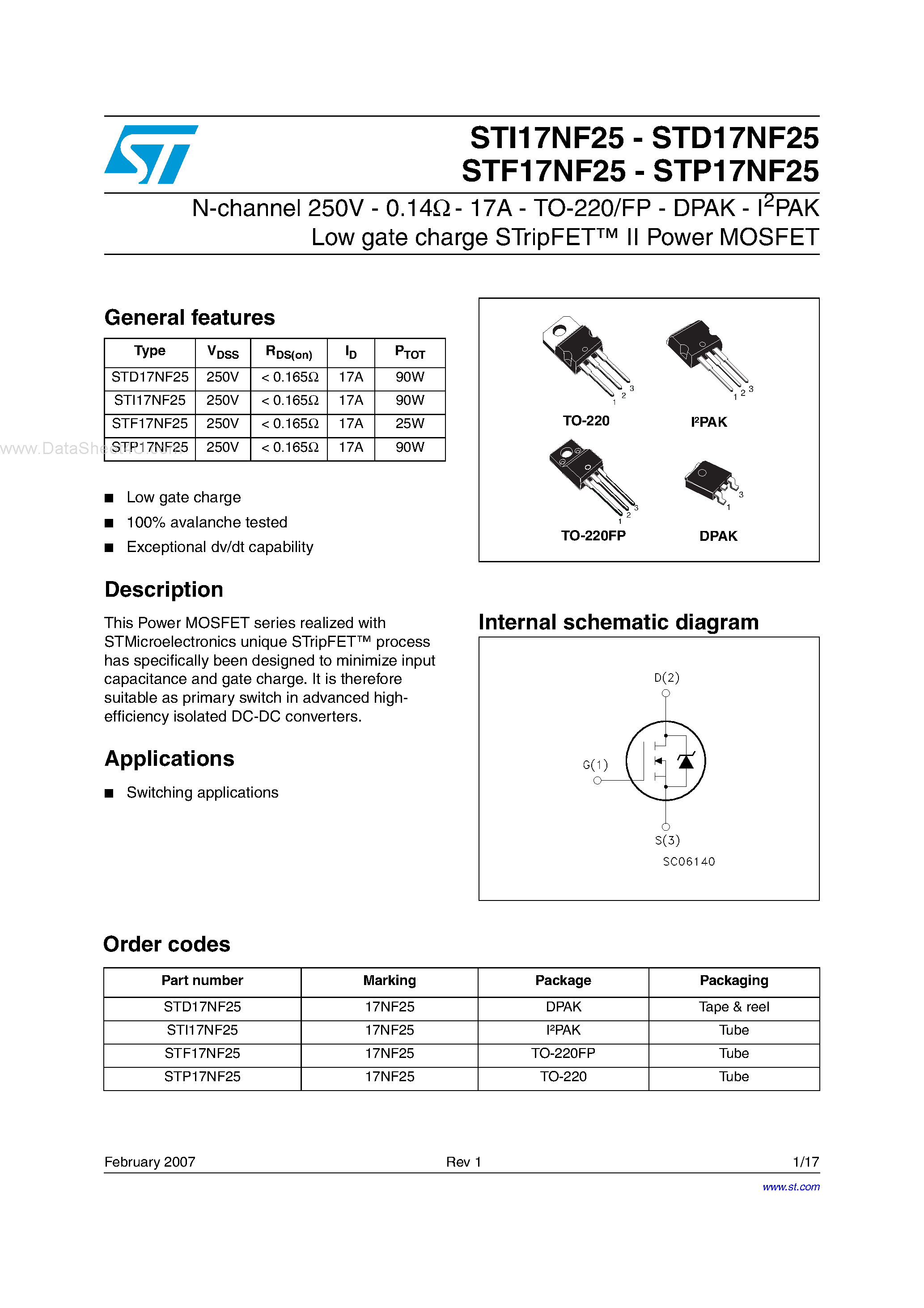Datasheet STF17NF25 - N-channel Power MOSFET page 1