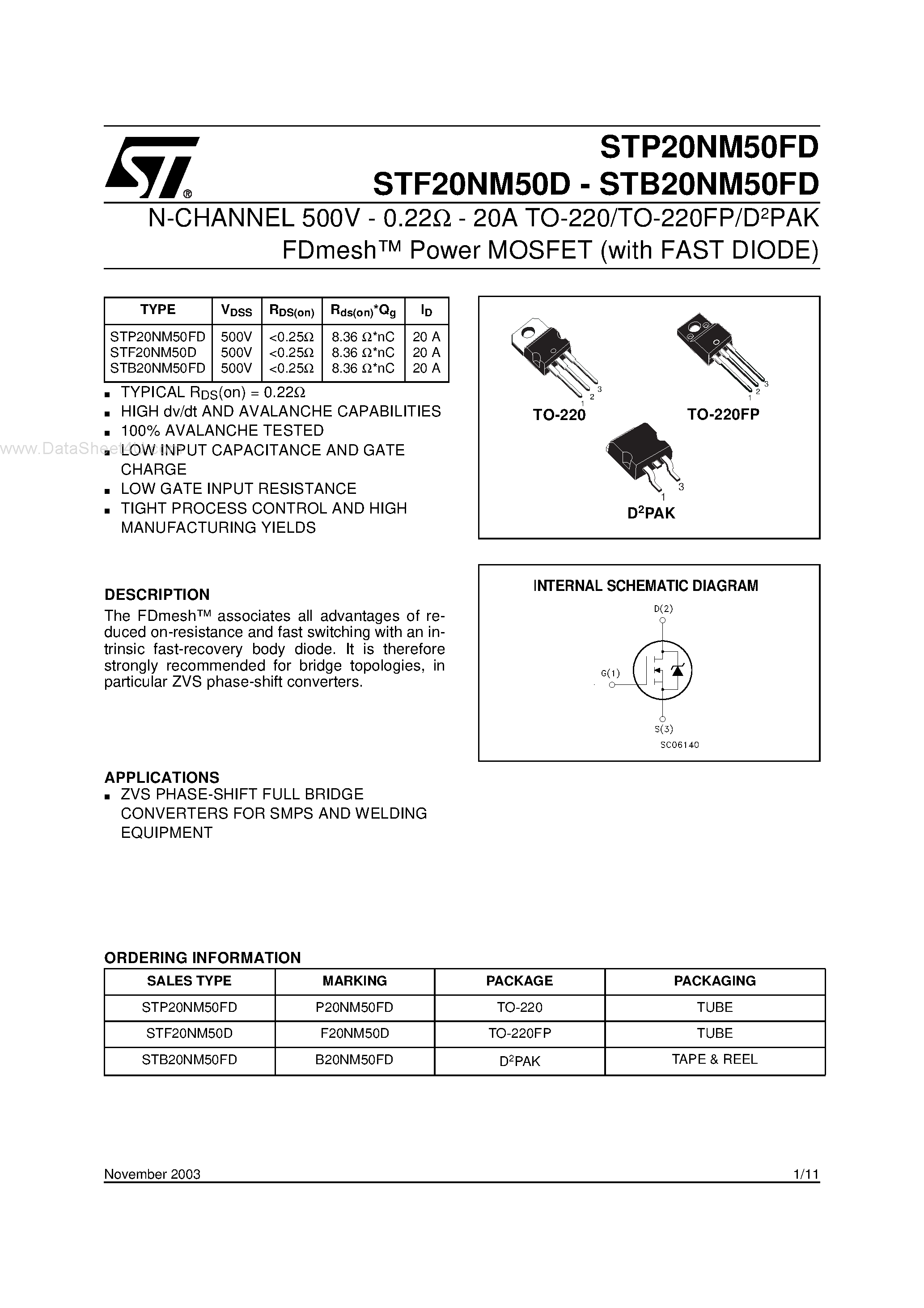 Datasheet STF20NM50D - N-channel Power MOSFET page 1