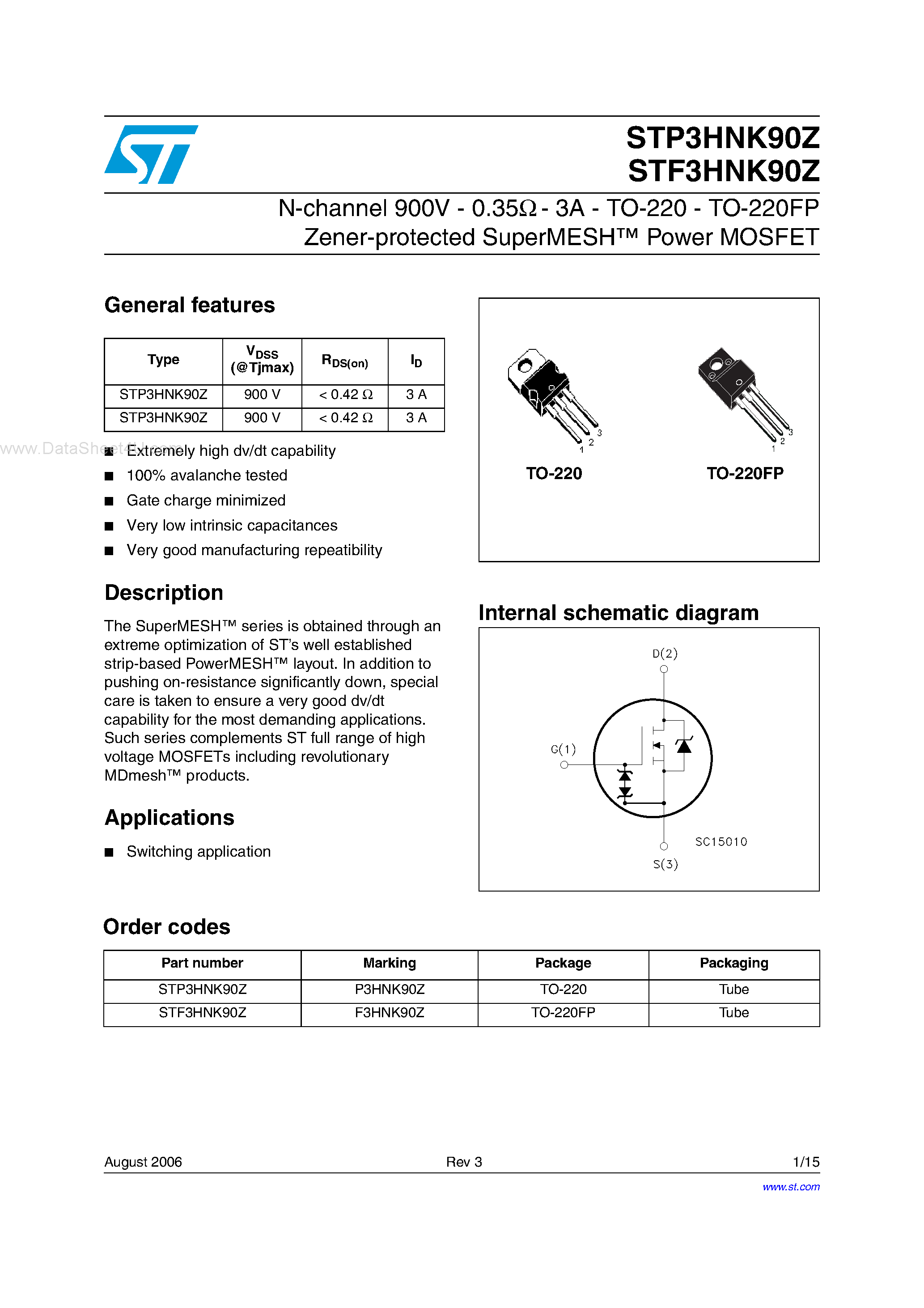 Datasheet STF3HNK90Z - N-channel Power MOSFET page 1