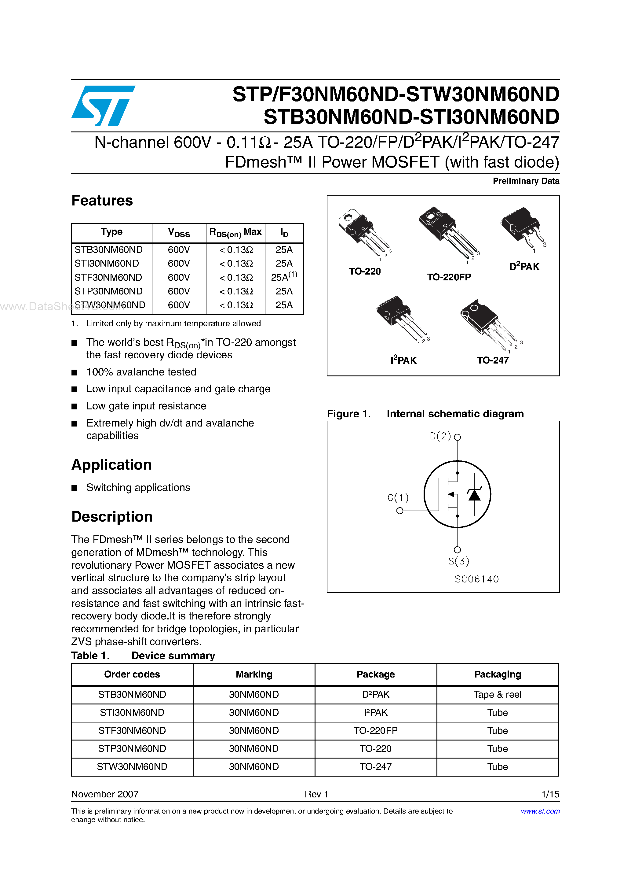 Datasheet STF30NM60ND - N-channel Power MOSFET page 1