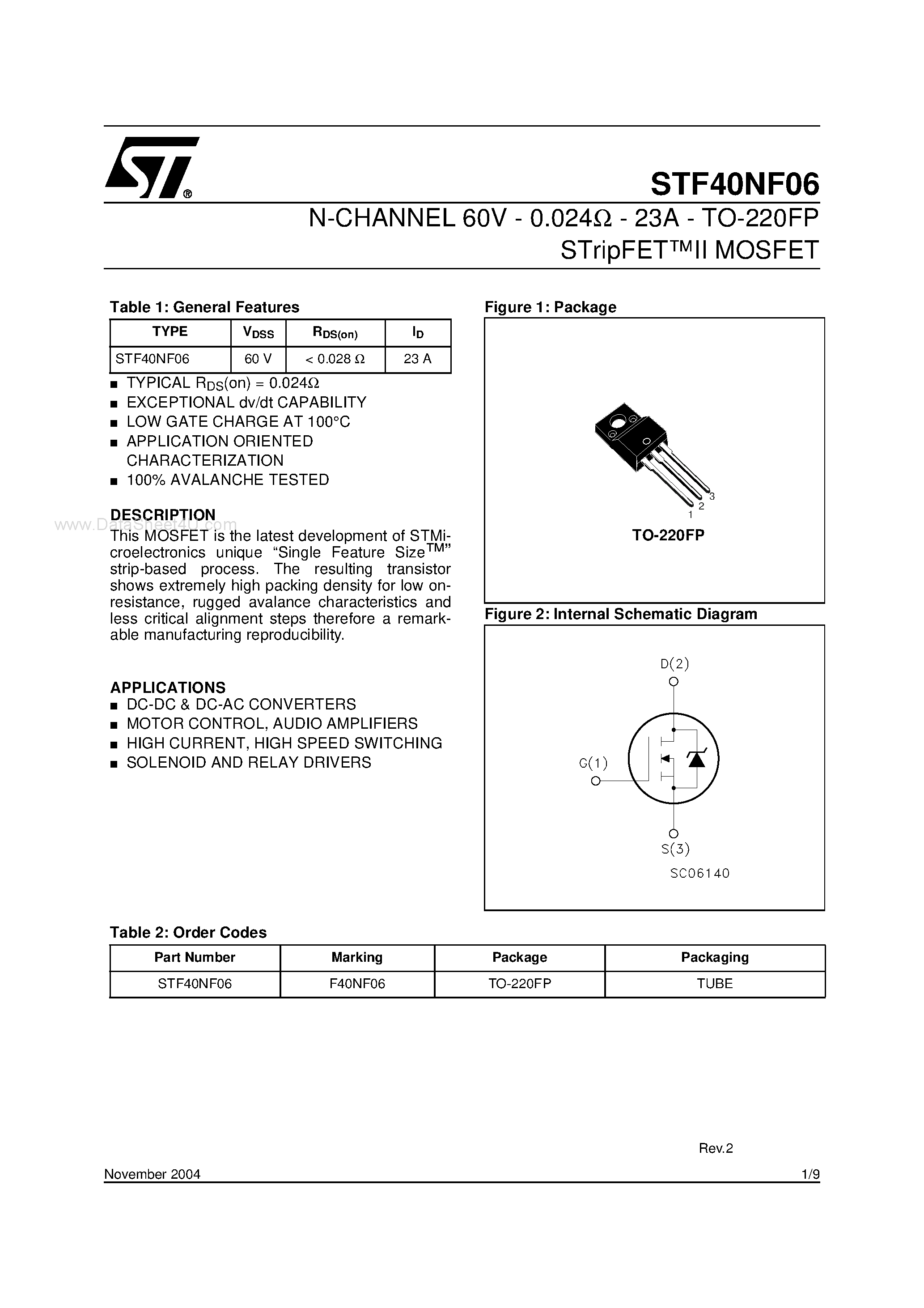 Datasheet STF40NF06 - N-channel Power MOSFET page 1