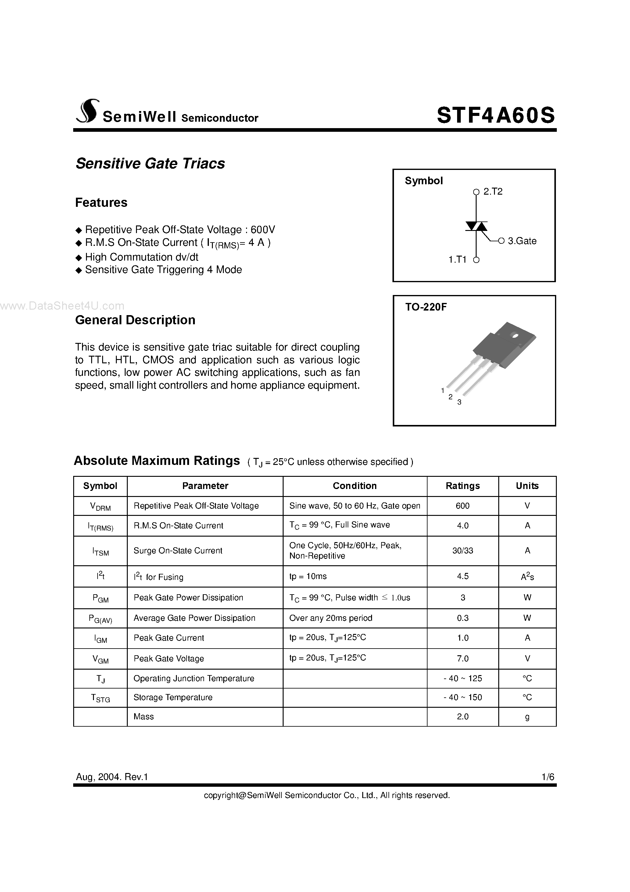 Datasheet STF4A60S page 1 Datasheet STF4A60S - Sensitive Gate Triacs page 1