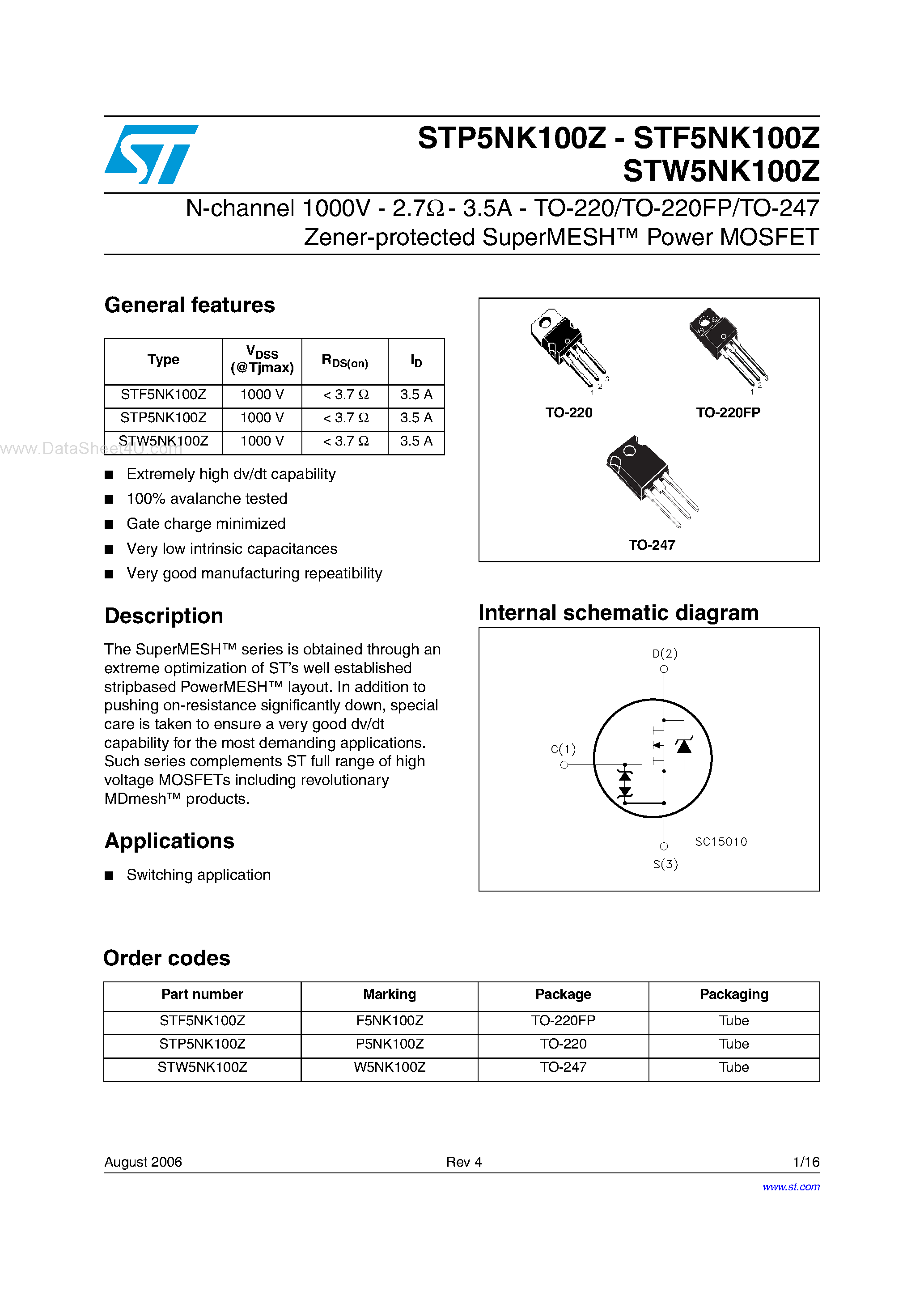 Datasheet STF5NK100Z - N-channel Power MOSFET page 1